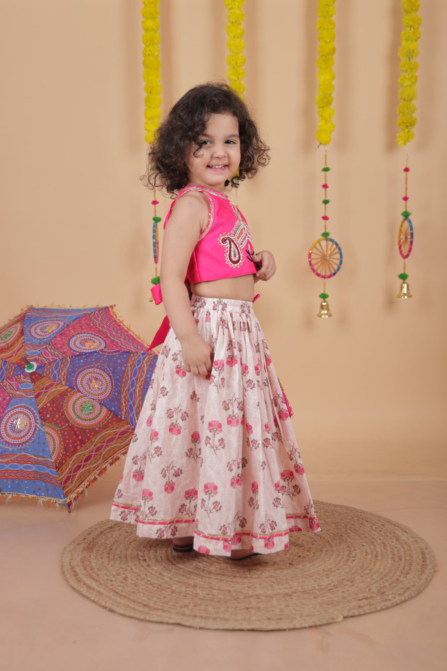 Pear Bear Goddess Embroidered Pink Top And Beautiful Tassels Embellished Lehenga With Matching Sling Bag