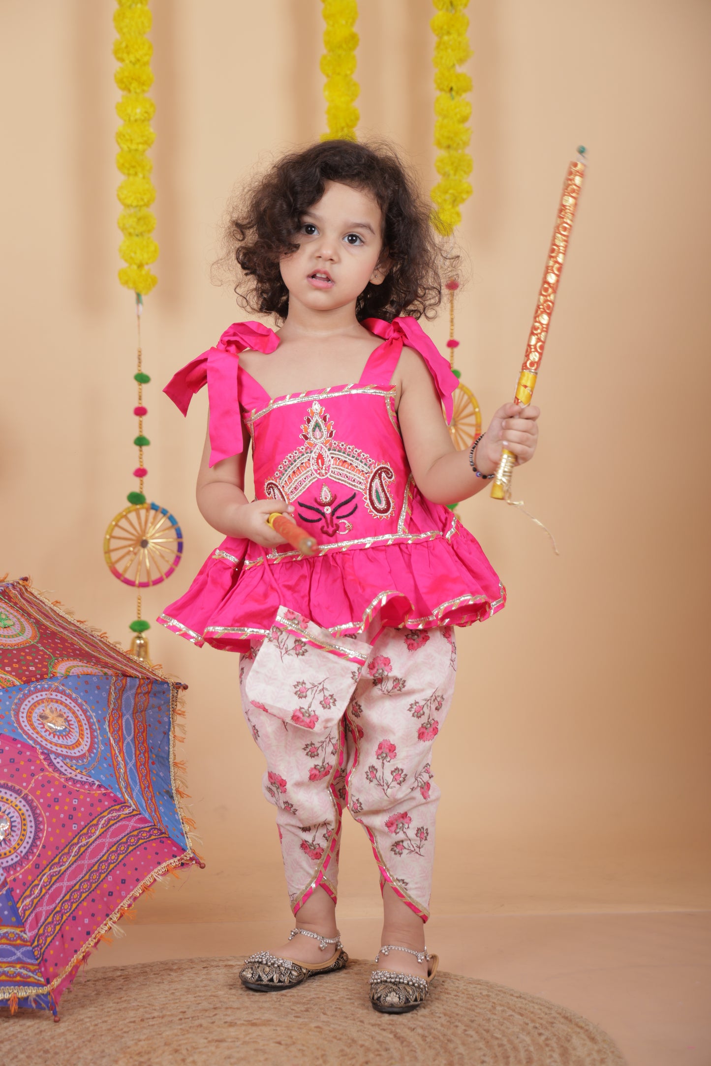 Pear Bear Goddess Embroidered Pink Top And Dhoti With Matching Sling Bag