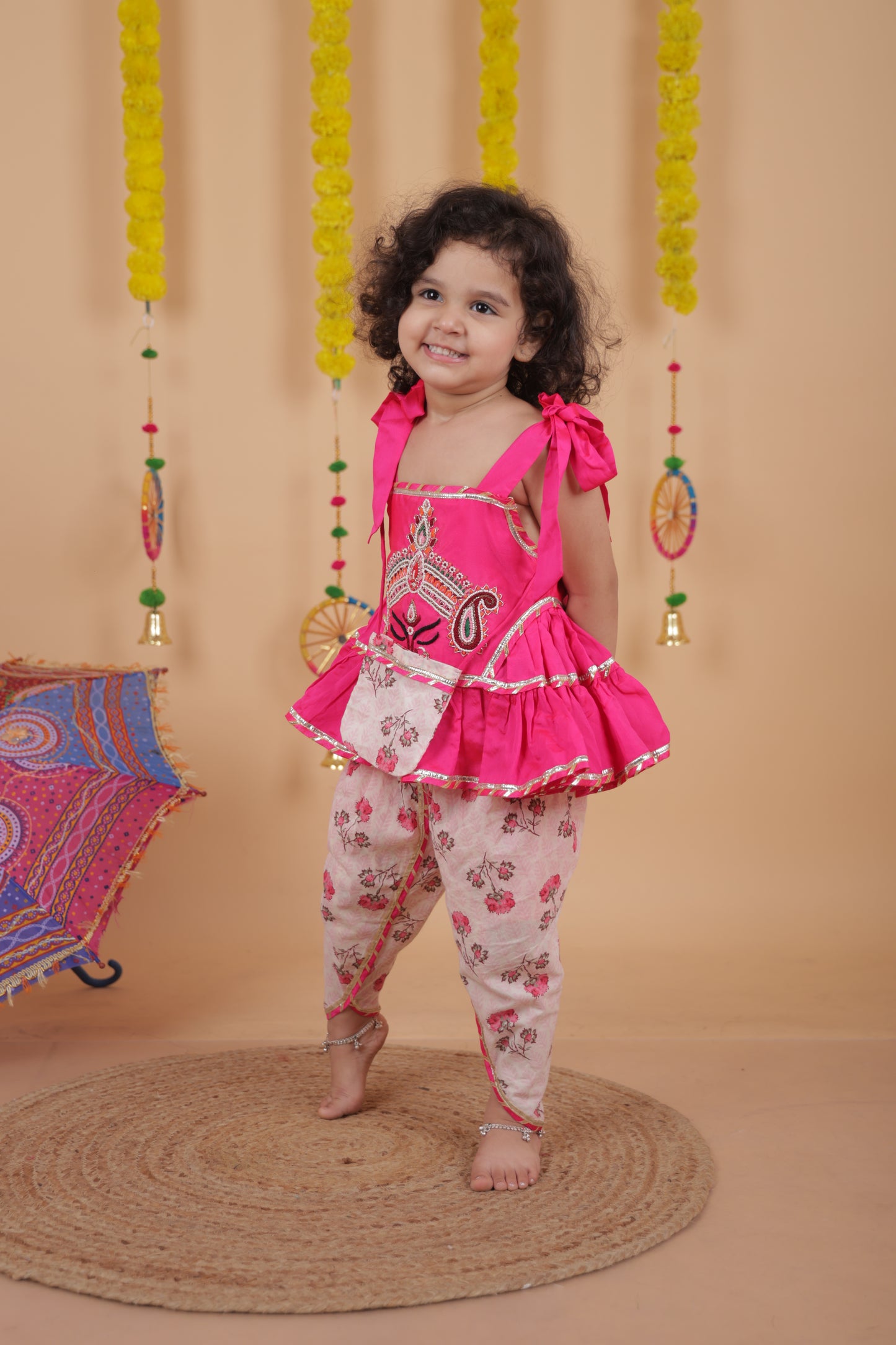 Pear Bear Goddess Embroidered Pink Top And Dhoti With Matching Sling Bag
