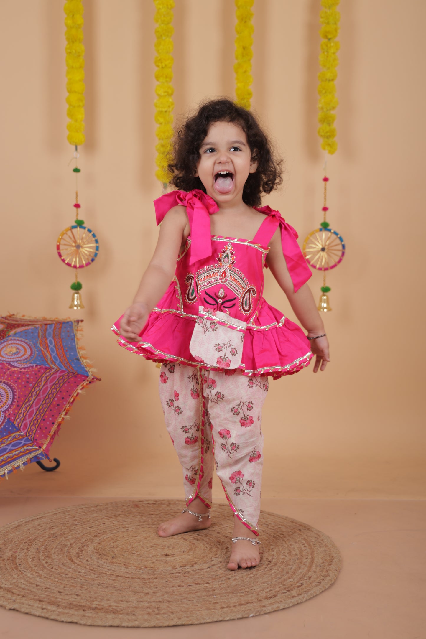 Pear Bear Goddess Embroidered Pink Top And Dhoti With Matching Sling Bag