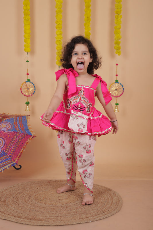 Pear Bear Goddess Embroidered Pink Top And Dhoti With Matching Sling Bag