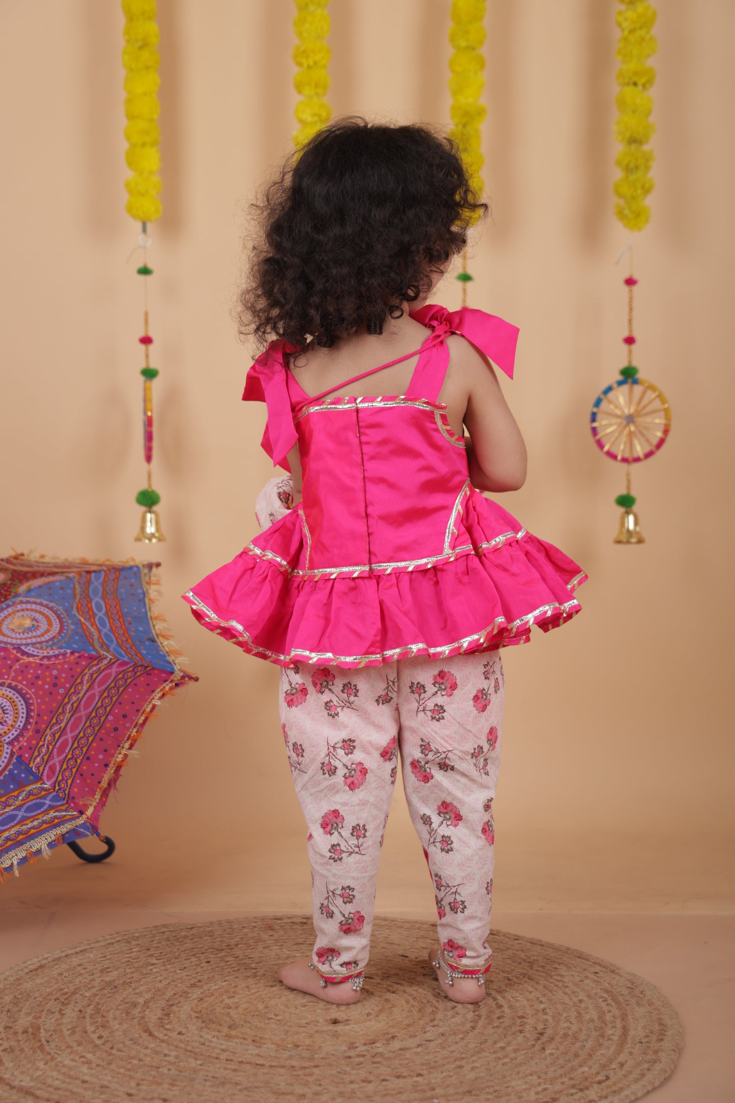 Pear Bear Goddess Embroidered Pink Top And Dhoti With Matching Sling Bag