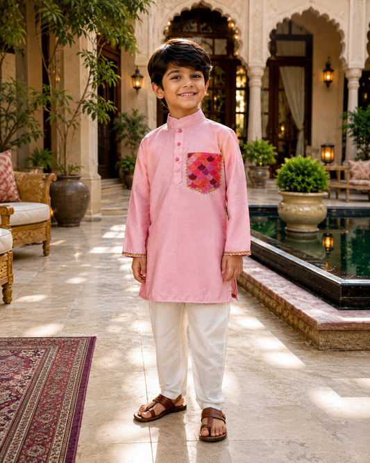 Pear Bear Boys Pink Chanderi Kurta Pajama Set with Designer Patch Pocket