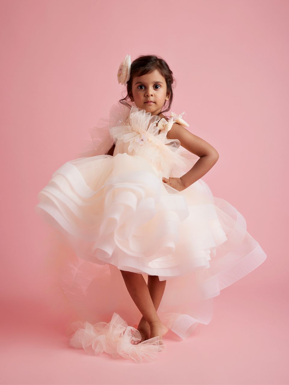 Butterfly And Pearl String Enhanced Ruffle Shaded Peach Dress