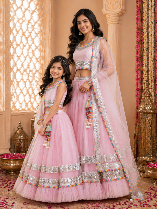 Pear Bear Mama & Daughter Blush Pink Celebration Lehenga Set