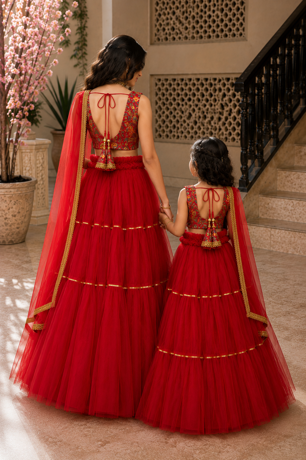 Women’s Red Layered Net Lehenga Set with Designer Blouse & Dupatta