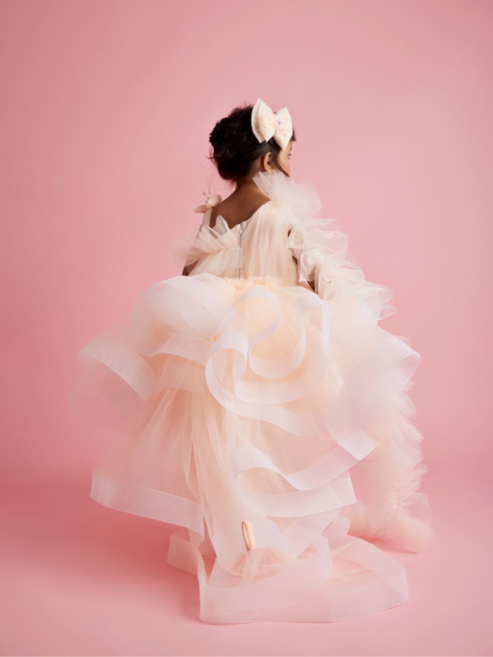 Butterfly And Pearl String Enhanced Ruffle Shaded Peach Dress