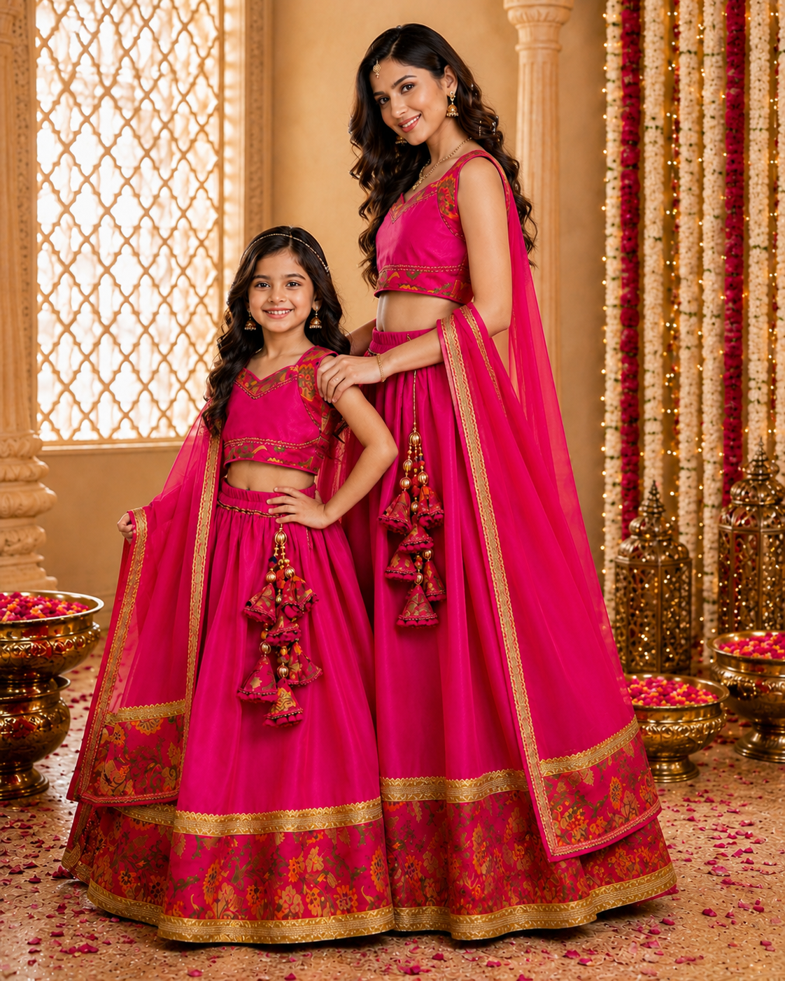 Magenta Brocade Border Mama Lehenga Choli Set with Dupatta