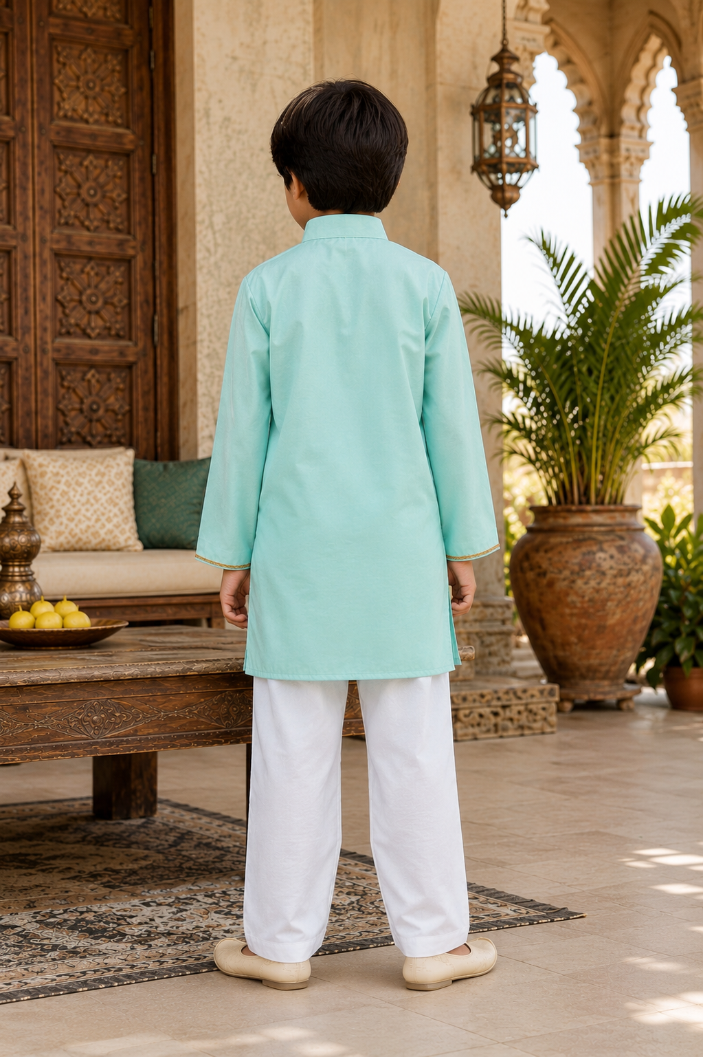 Back view of Pear Bear Boys Mint Green Chanderi Kurta Pajama Set