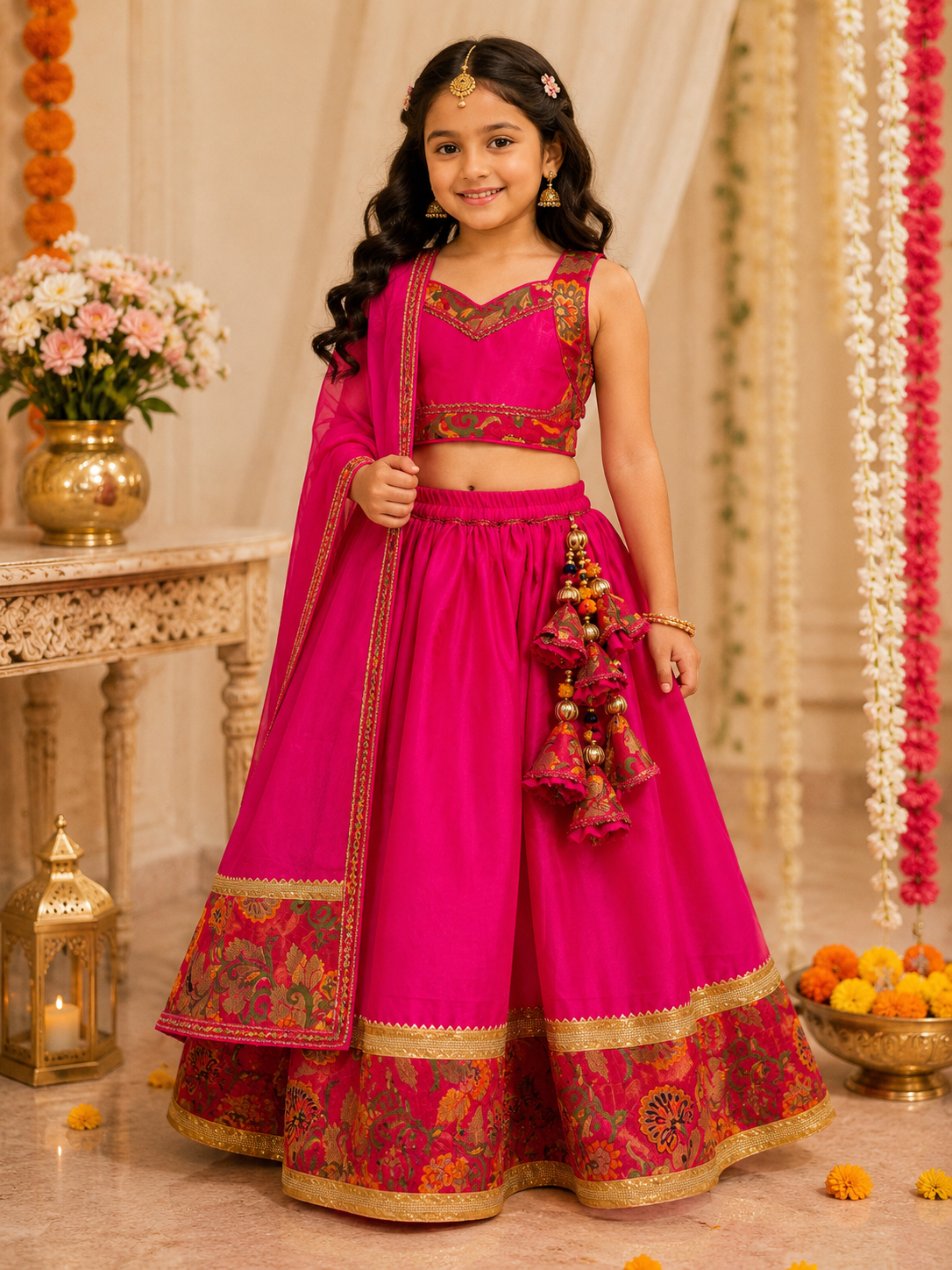 Beautiful girl wearing hot pink brocade border lehenga choli set with dupatta and traditional accessories