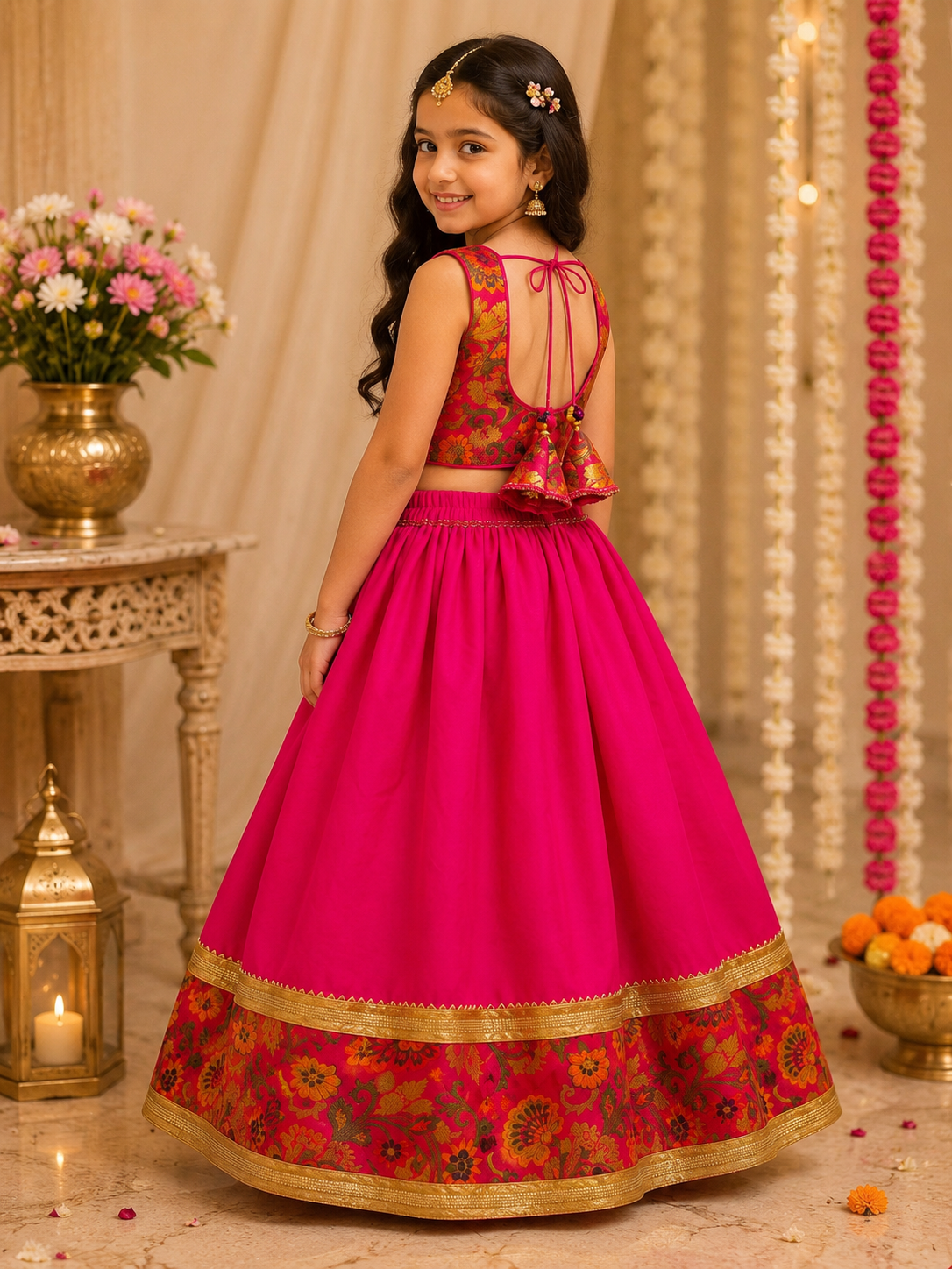 Beautiful girl wearing hot pink brocade border lehenga choli set with dupatta and traditional accessories
back