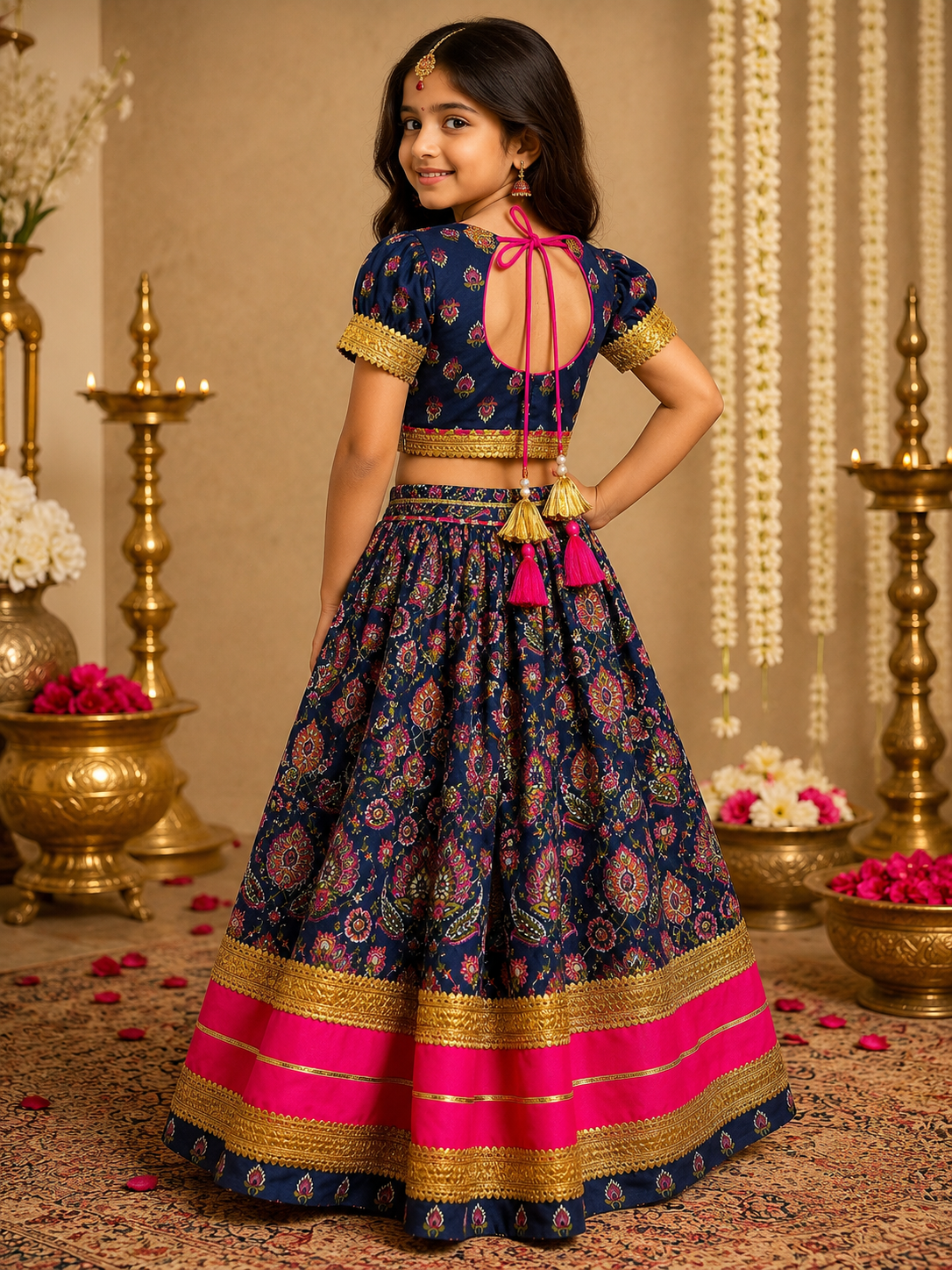 Beautiful girl wearing navy blue and hot pink printed lehenga choli set with dupatta and tassel detailing-back