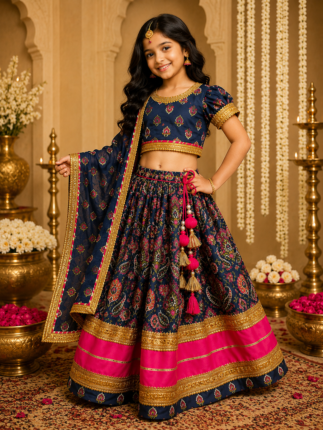 Beautiful girl wearing navy blue and hot pink printed lehenga choli set with dupatta and tassel detailing