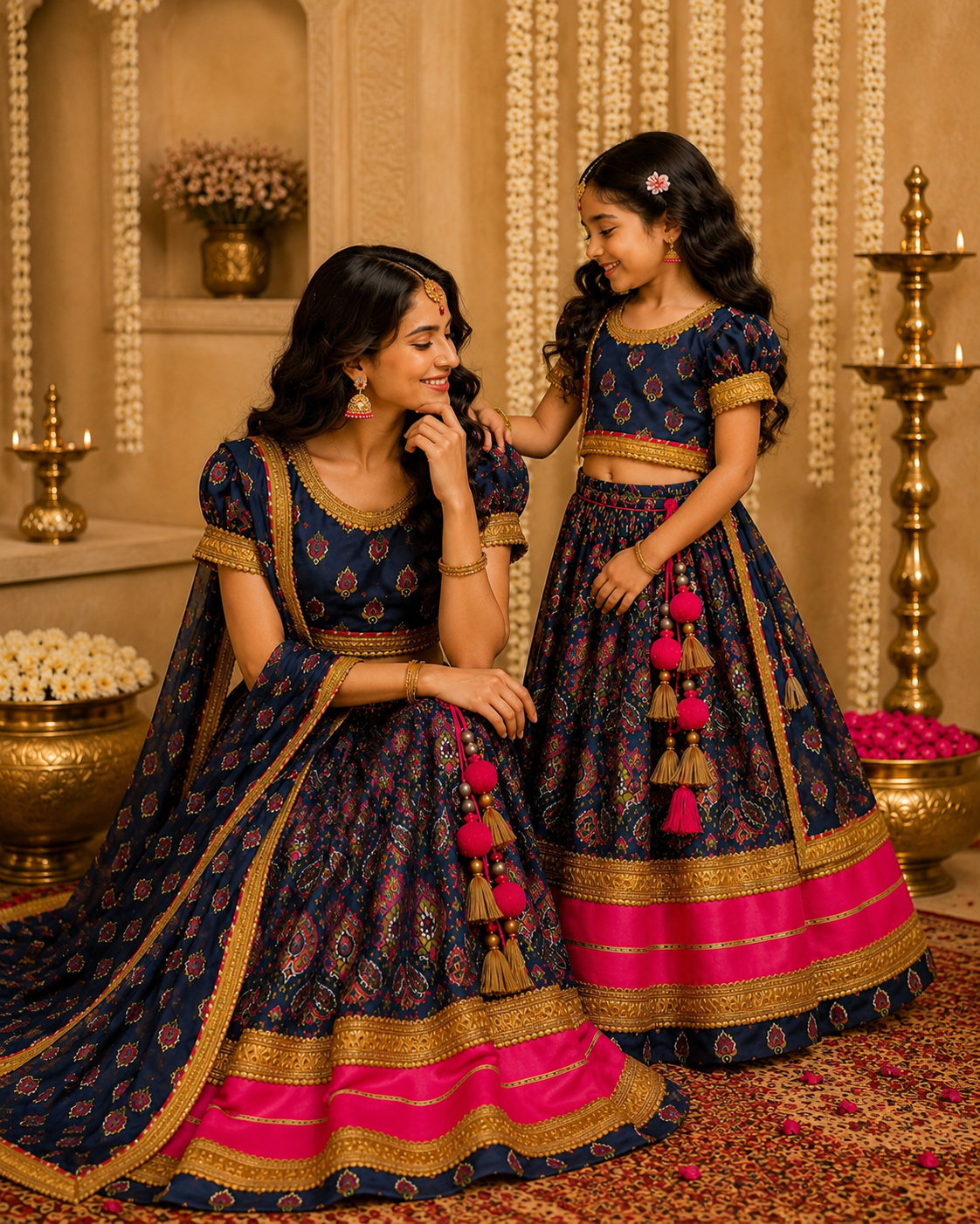 Beautiful_girl_wearing_navy_blue_and_hot_pink_printed_lehenga_choli_set_with_dupatta_and_tassel_detailing_with_mama