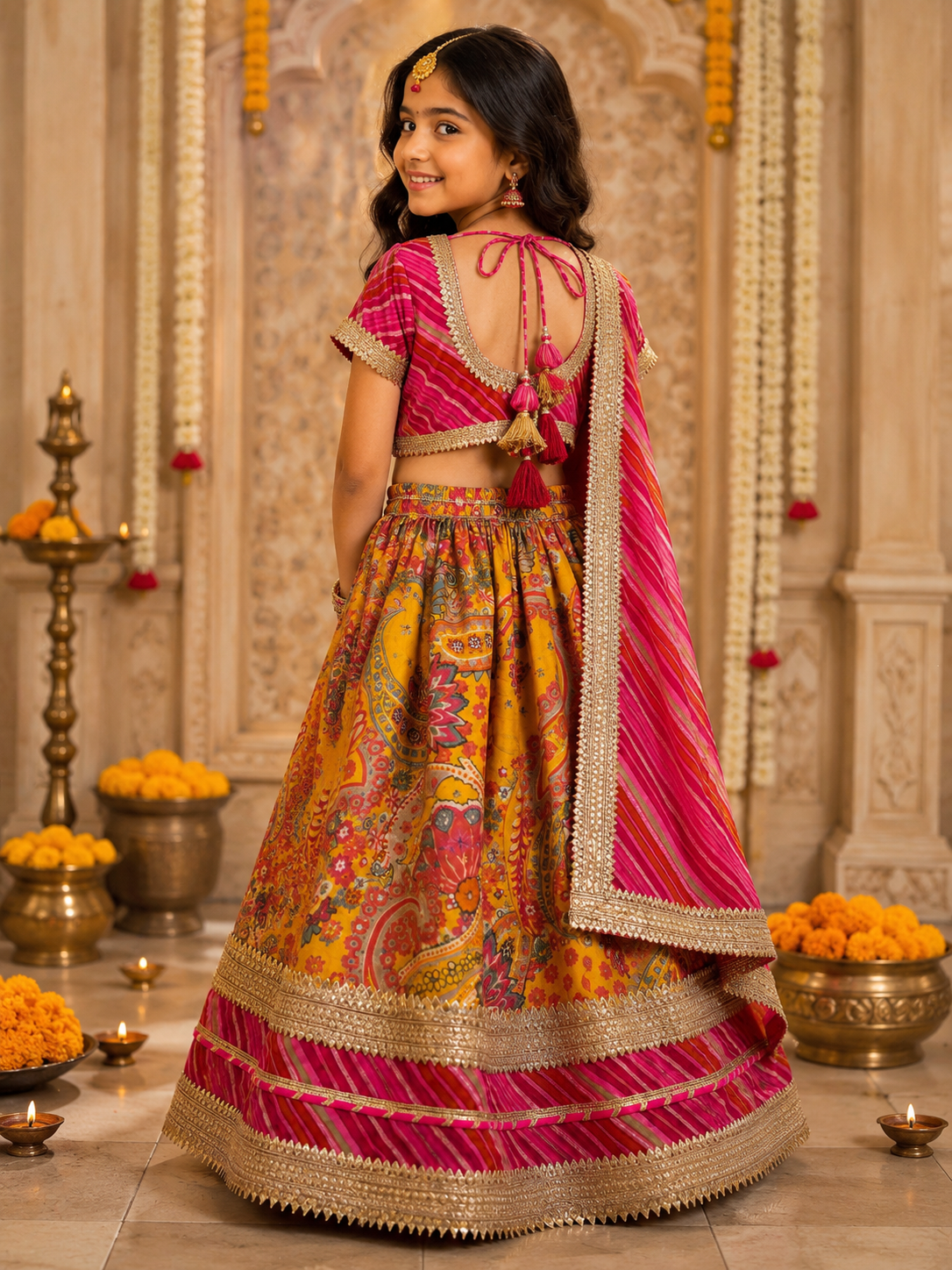 Beautiful girl wearing pink and yellow printed kids lehenga choli set with dupatta and tassel details-back