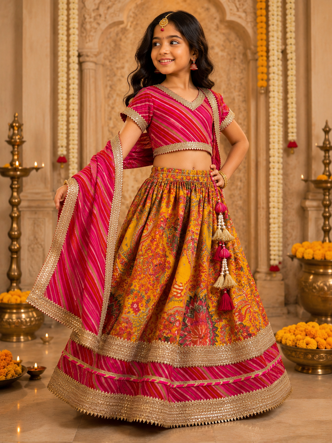 Beautiful girl wearing pink and yellow printed kids lehenga choli set with dupatta and tassel details