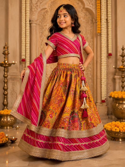 Beautiful girl wearing pink and yellow printed kids lehenga choli set with dupatta and tassel details