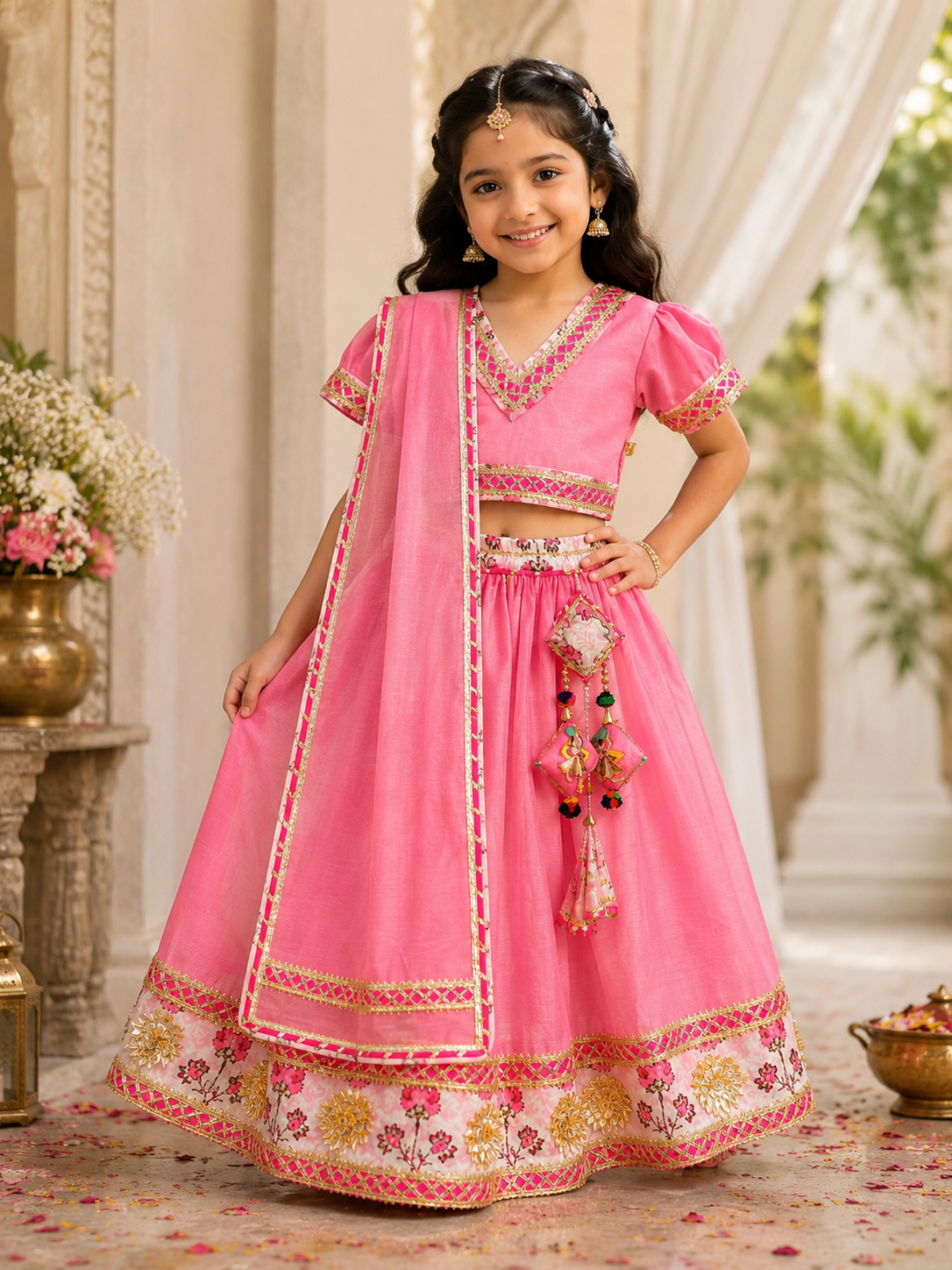 Beautiful girl wearing pink floral border lehenga choli set with dupatta and traditional accessories
