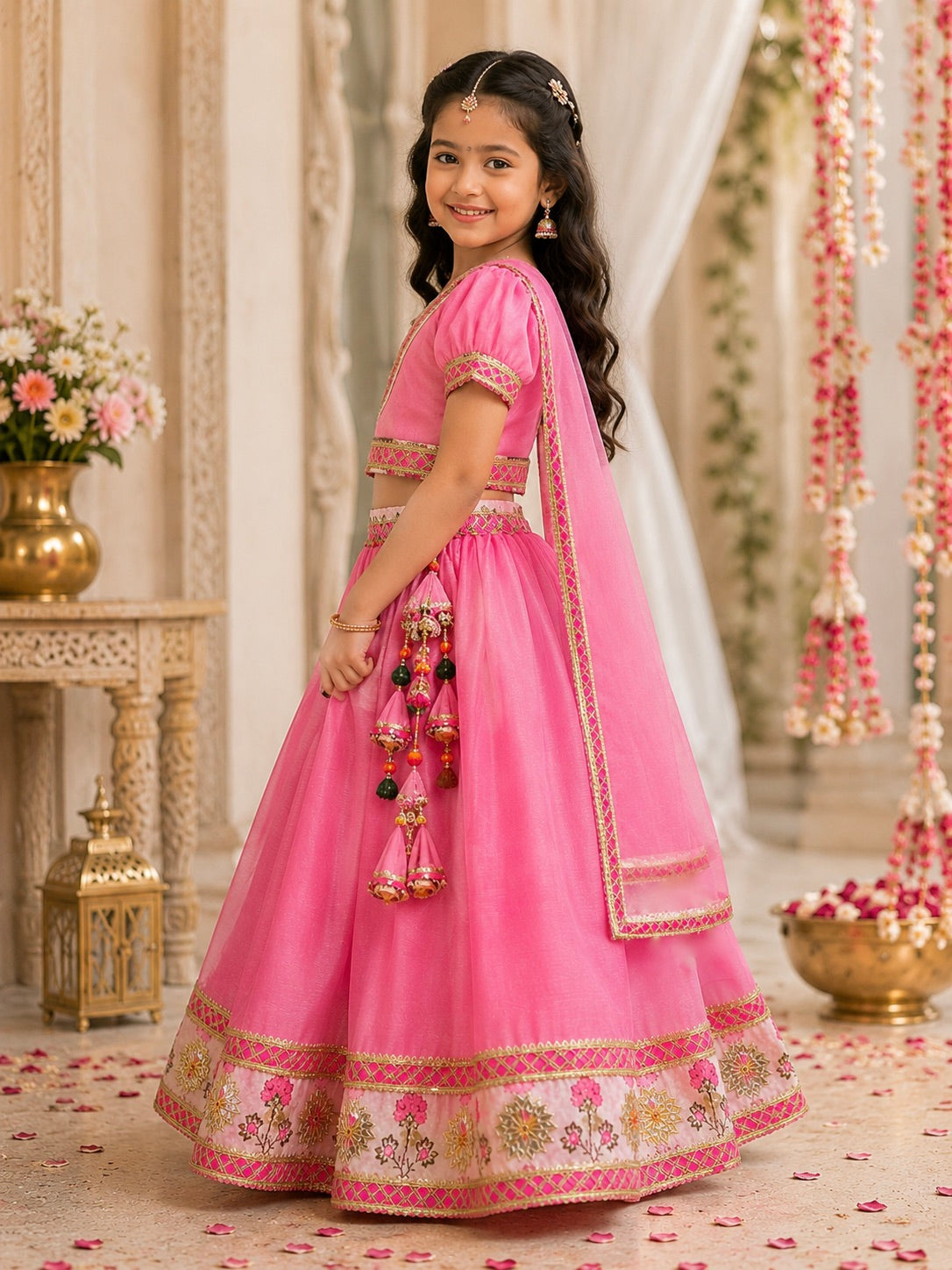 Beautiful girl wearing pink floral border lehenga choli set with dupatta and traditional accessories side
