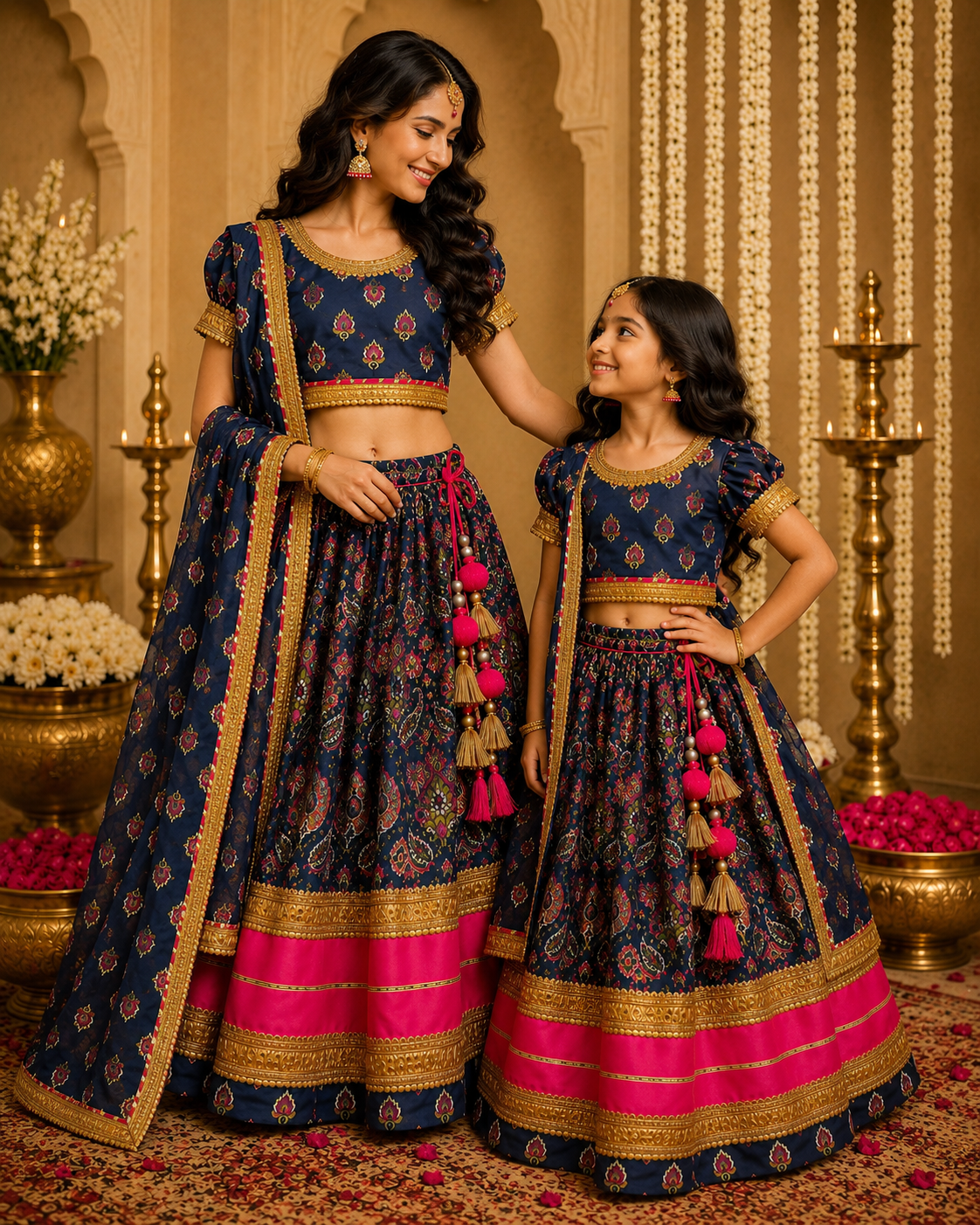 Beautiful mama wearing navy blue and hot pink printed lehenga choli set with dupatta and tassel detailing