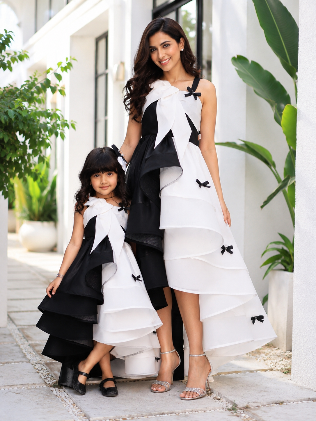 Black and white Taffeta occasion gown for women and girls with layered silhouette and statement bow detailing