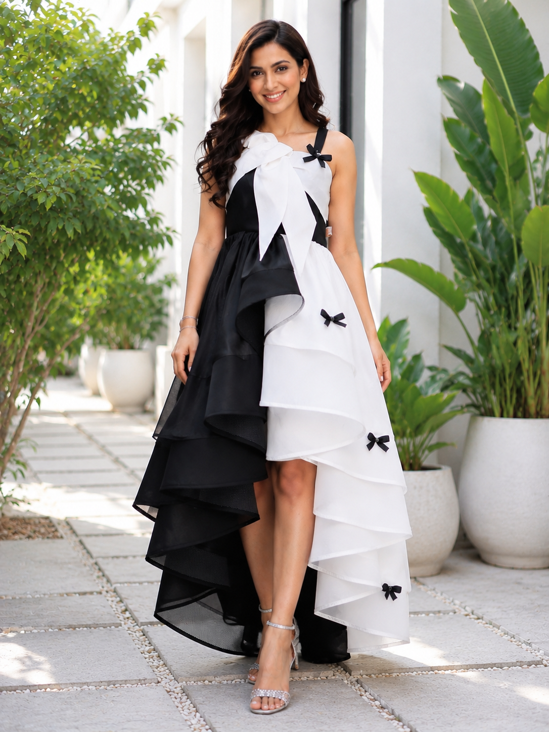 Black and white Taffeta occasion gown for women and girls with layered silhouette and statement bow detailing 1