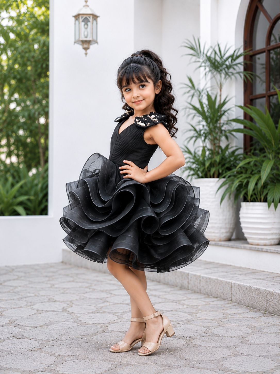 Black couture party dress for girls with pearl embellished shoulder bows and dramatic layered ruffle skirt 1