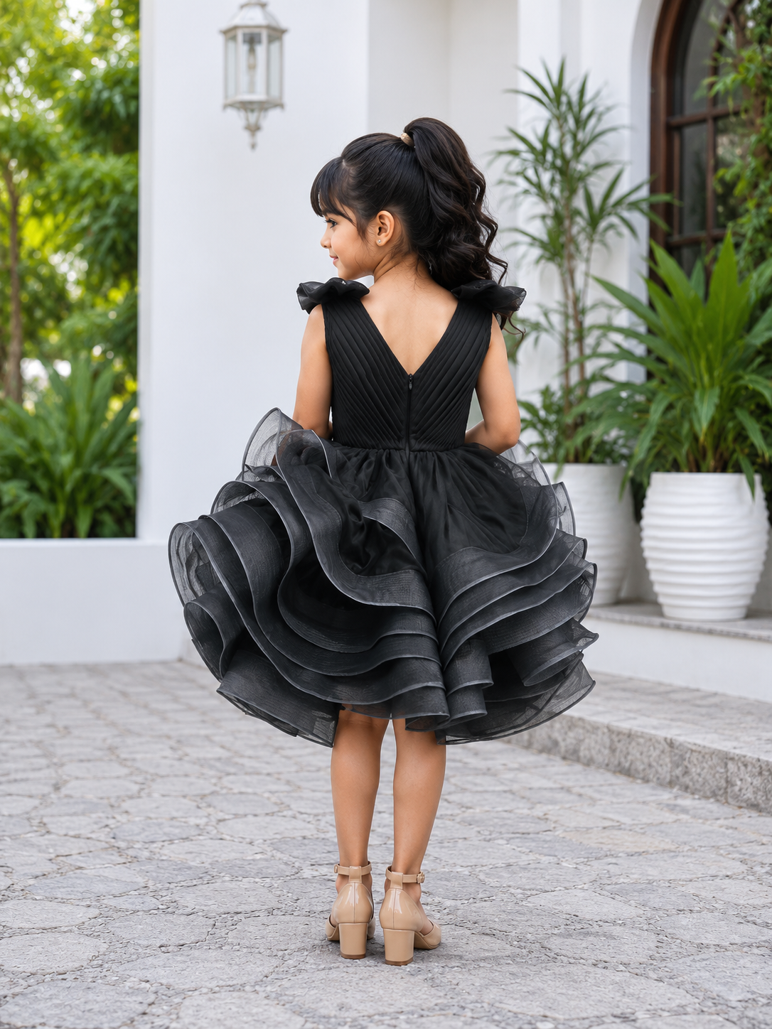 Black couture party dress for girls with pearl embellished shoulder bows and dramatic layered ruffle skirt 2