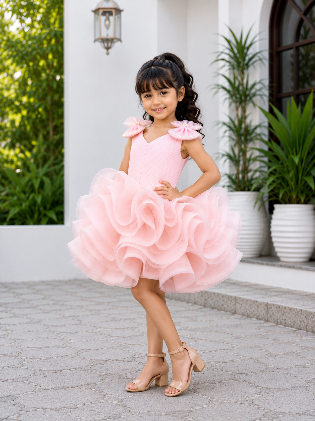 Blush pink couture party dress for girls with pearl embellished shoulder bows and dramatic layered ruffle skirt