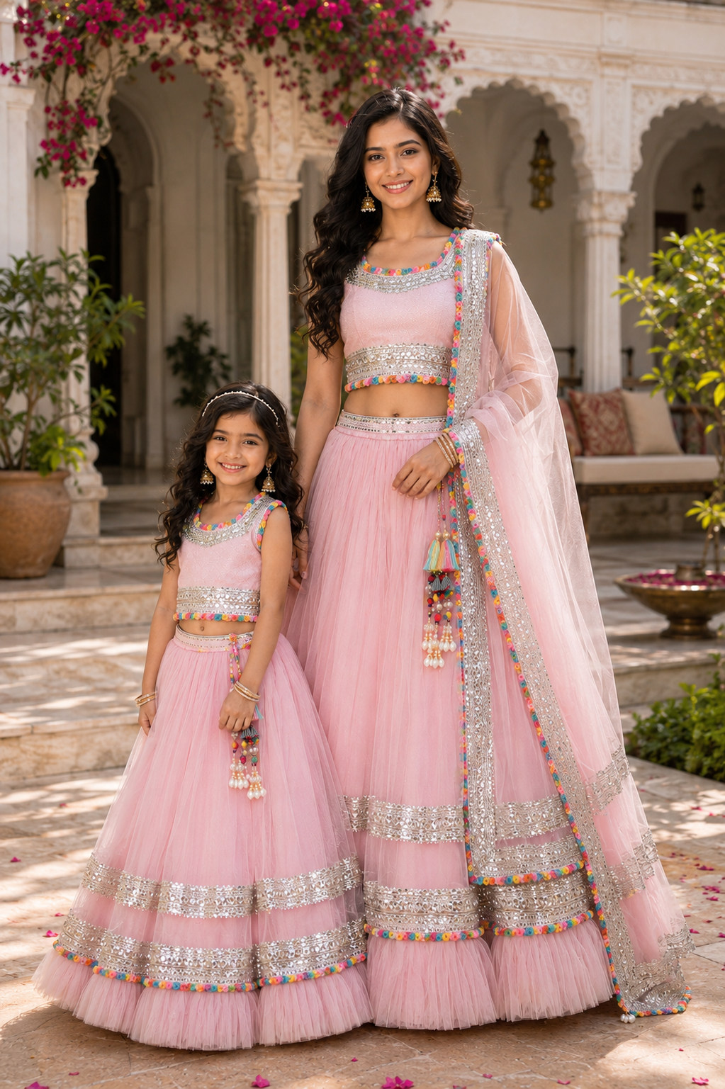 Blush pink mother daughter twinning lehenga set with silver lace borders, handcrafted tassels and soft net festive silhouette
