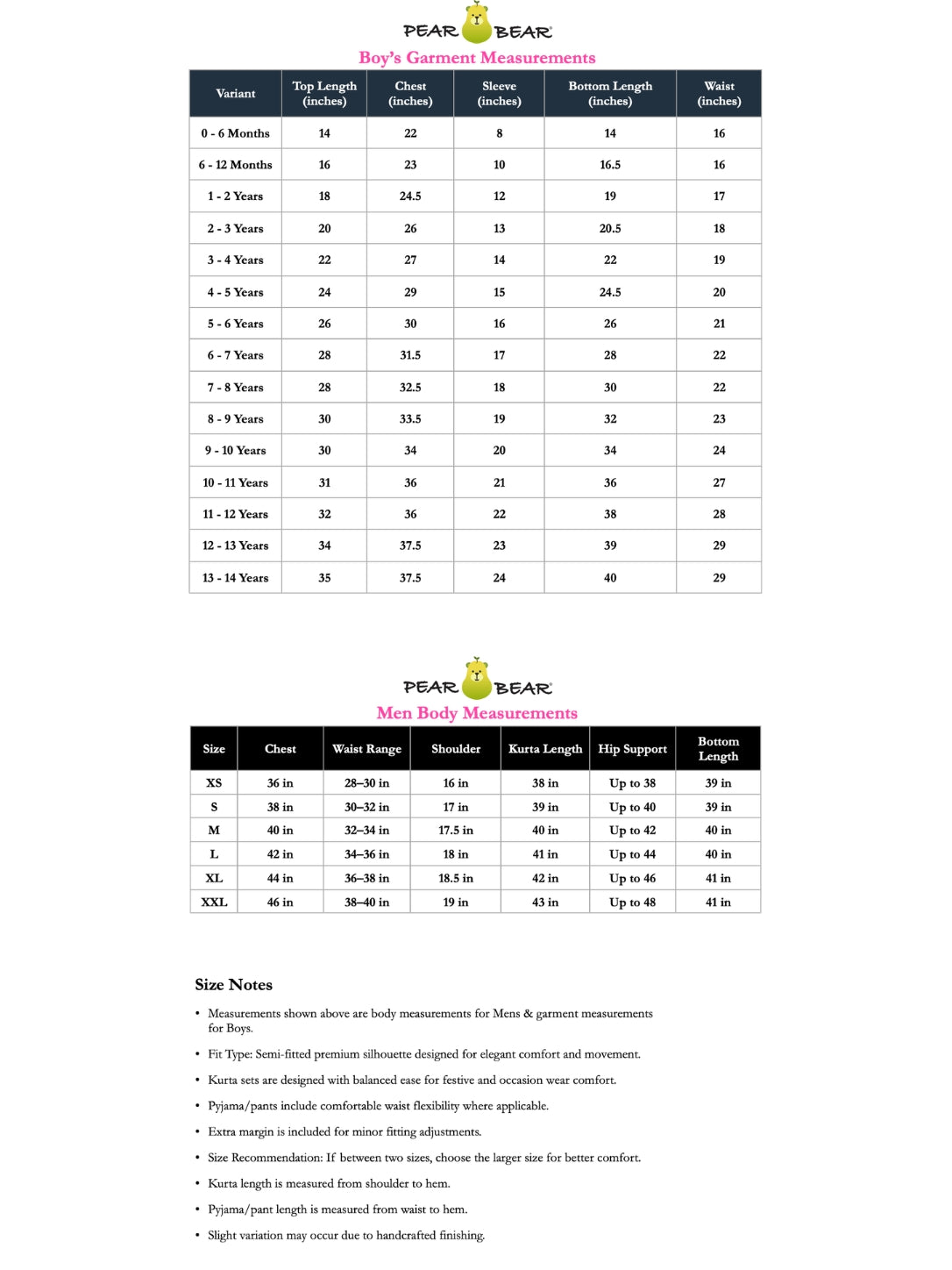 Boy's and Men SIze Chart