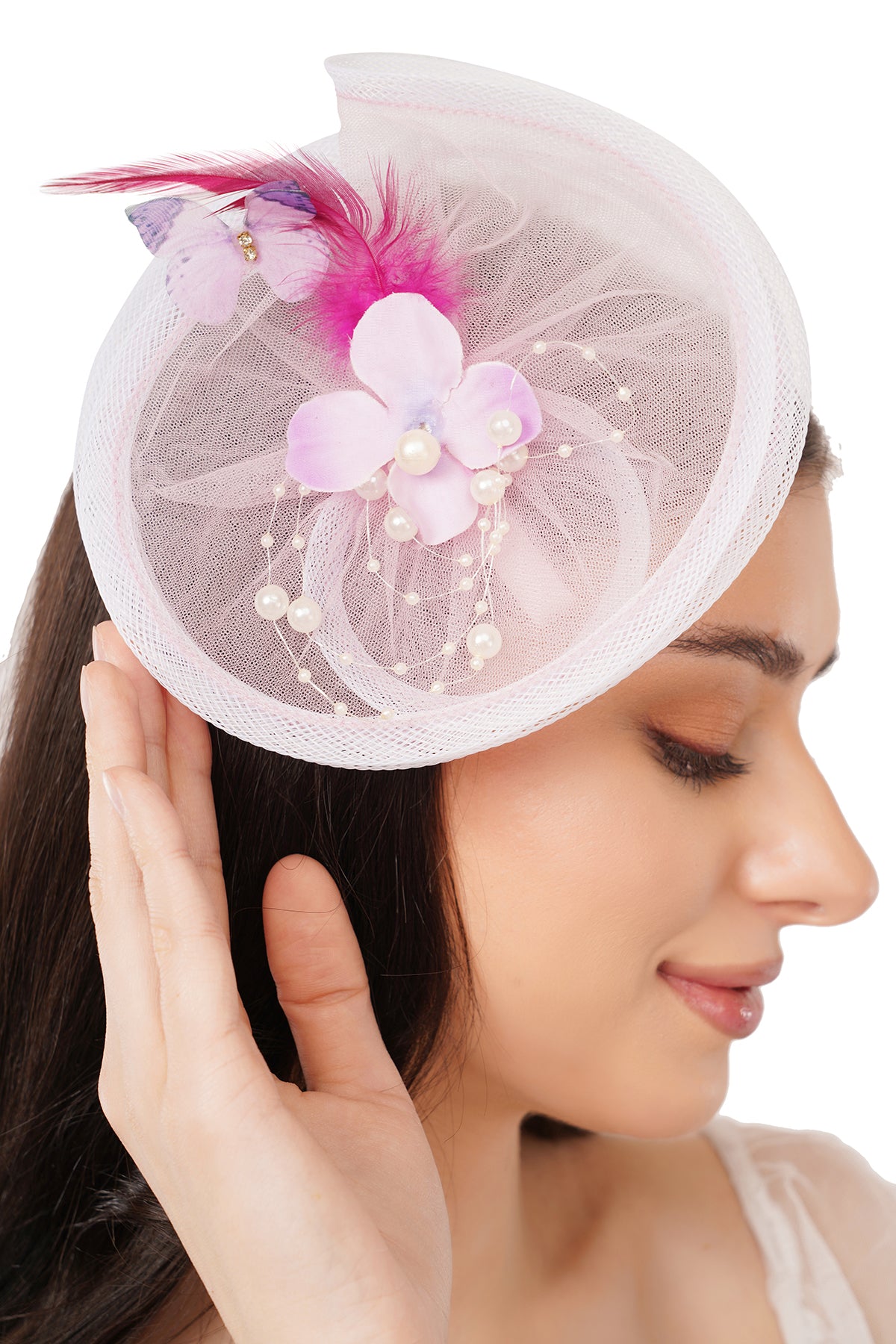 Pear Bear Floral Pearl Feather Hair Fascinator – Blush Pink