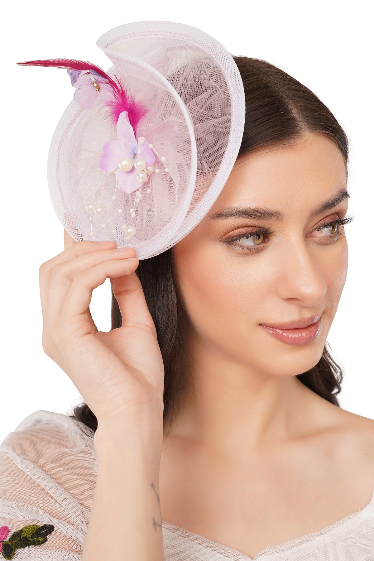 Pear Bear Floral Pearl Feather Hair Fascinator – Blush Pink