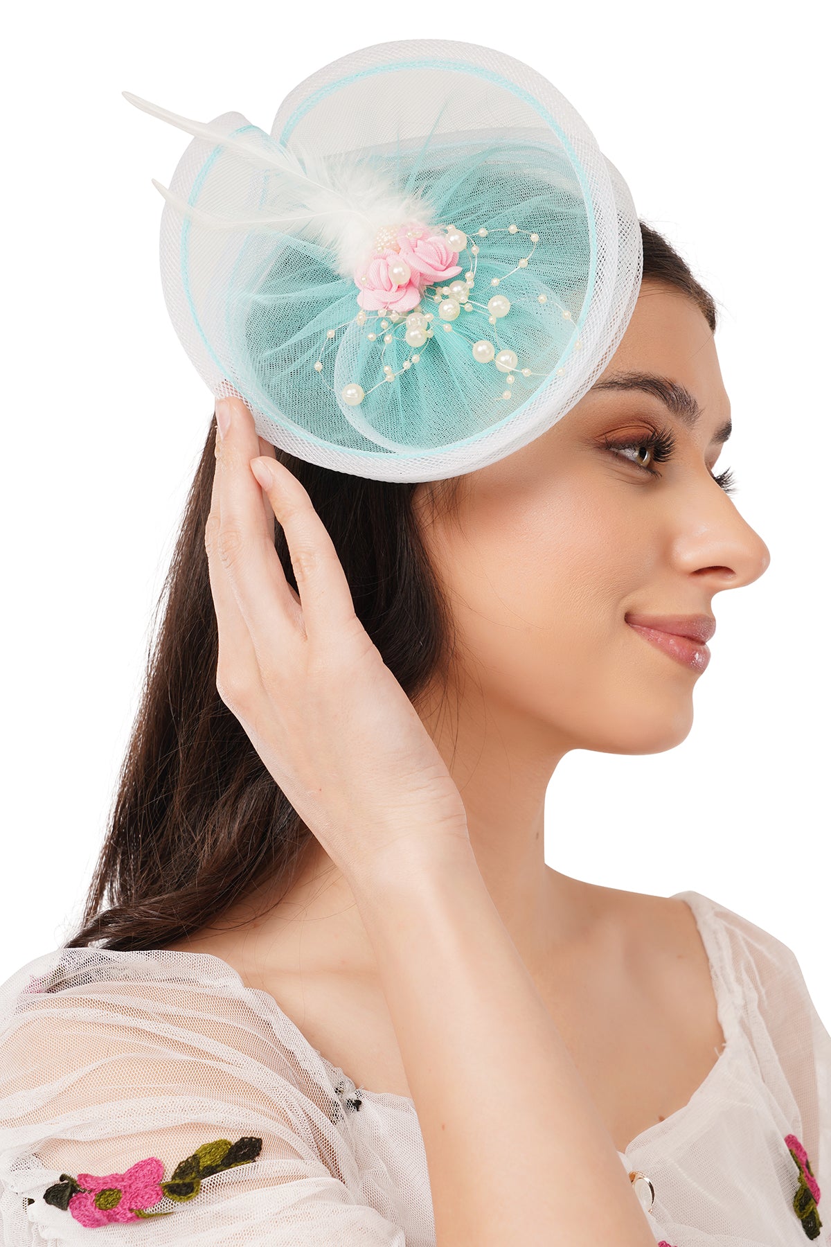 Pear Bear Aqua Bloom Pearl Feather Fascinator for Girls
