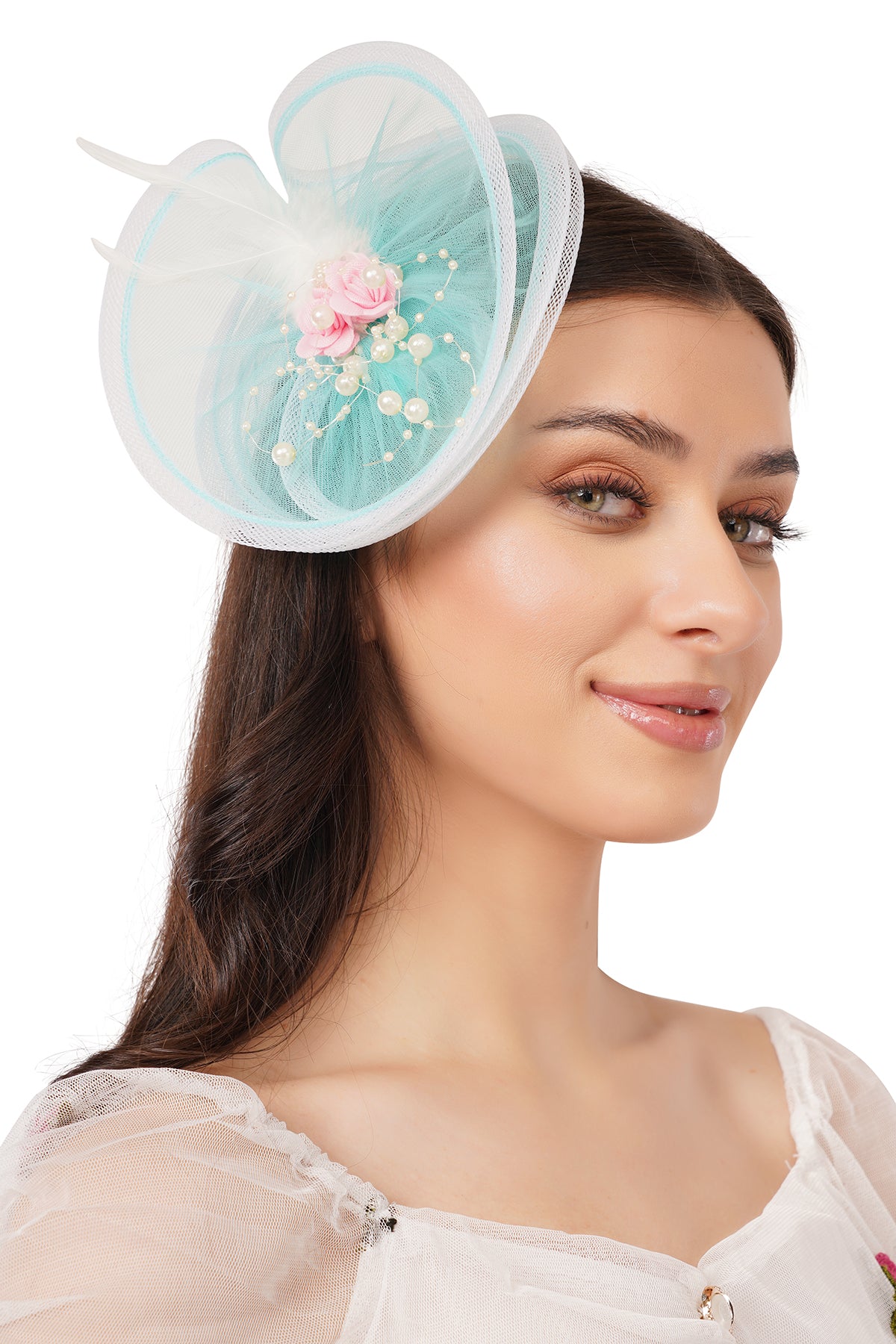 Pear Bear Aqua Bloom Pearl Feather Fascinator for Girls