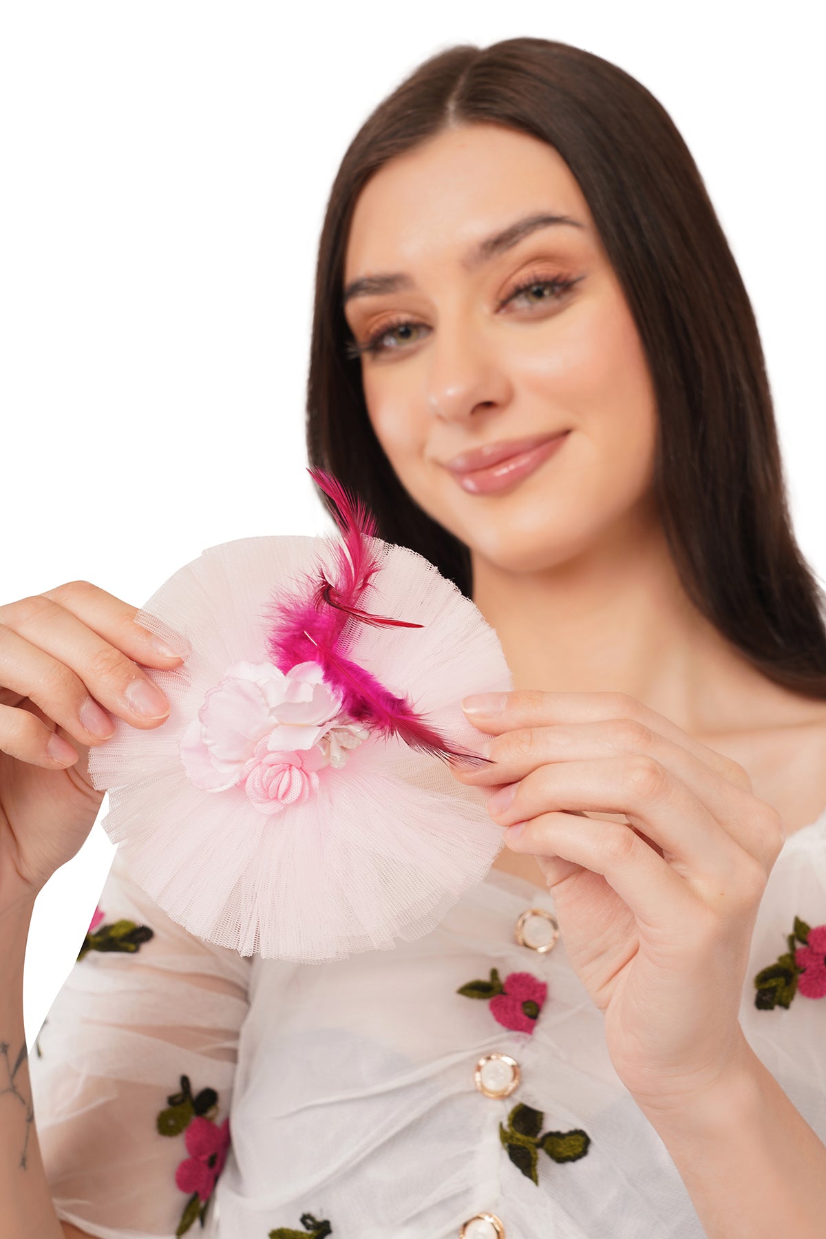 Pear Bear Blush Feather Pearl Mesh Hair Clip for Girls