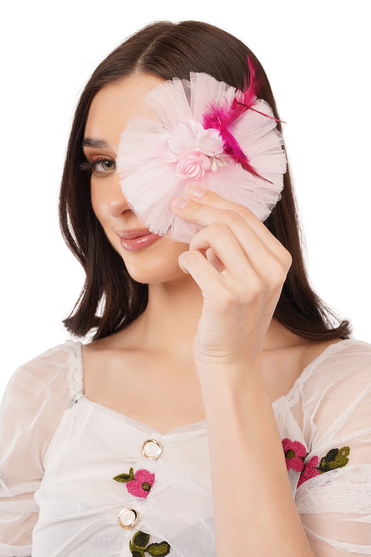 Pear Bear Blush Feather Pearl Mesh Hair Clip for Girls