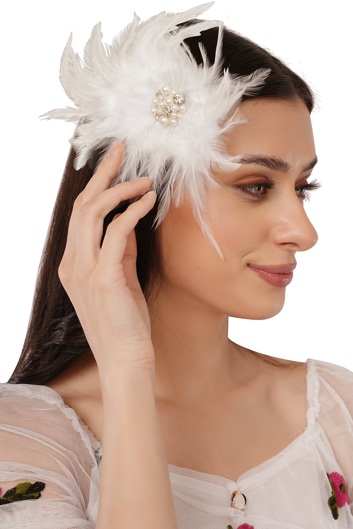 White Feather Pearl Embellished Fascinator Hair Clip for Girls