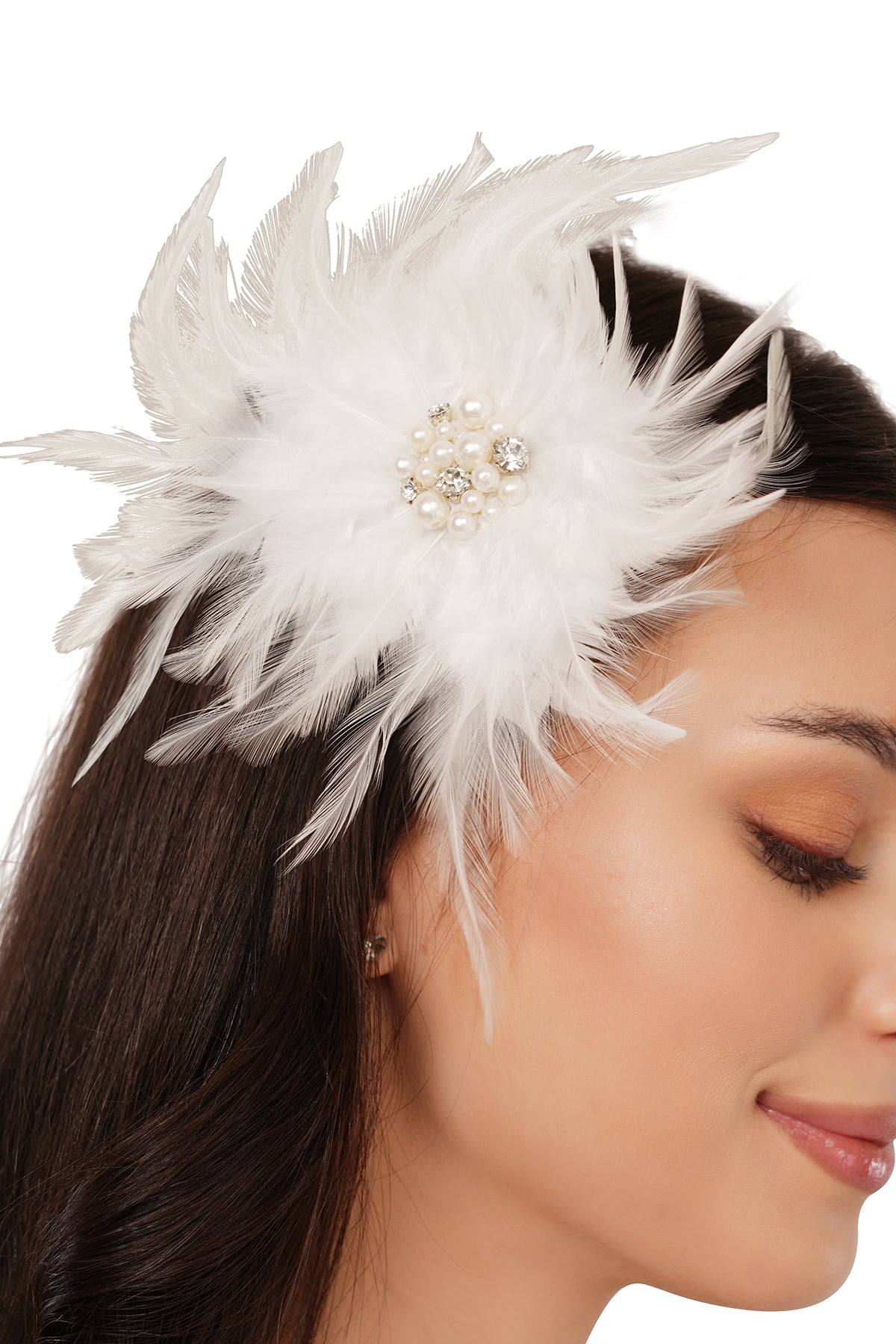 White Feather Pearl Embellished Fascinator Hair Clip for Girls