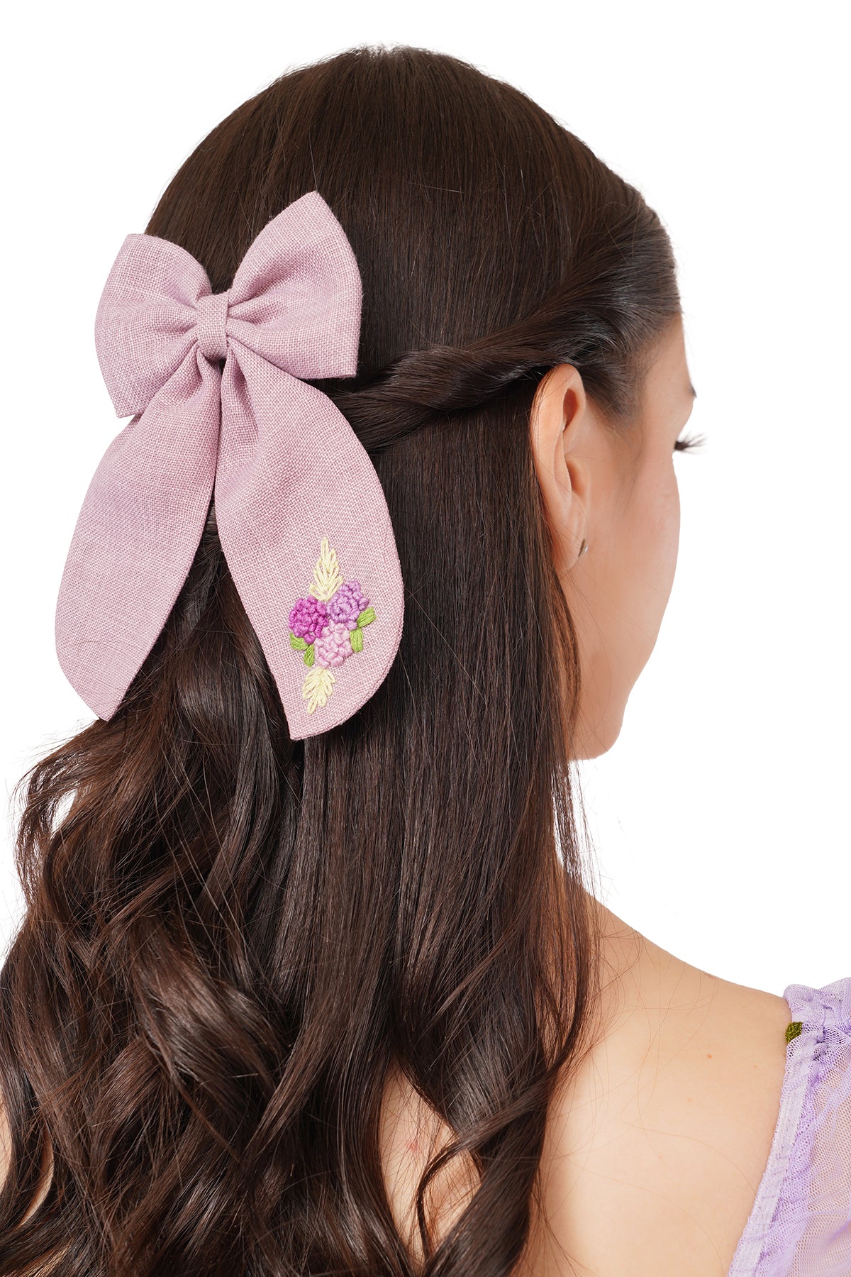 Purple Embroidered Bow Hair Clip for Girls