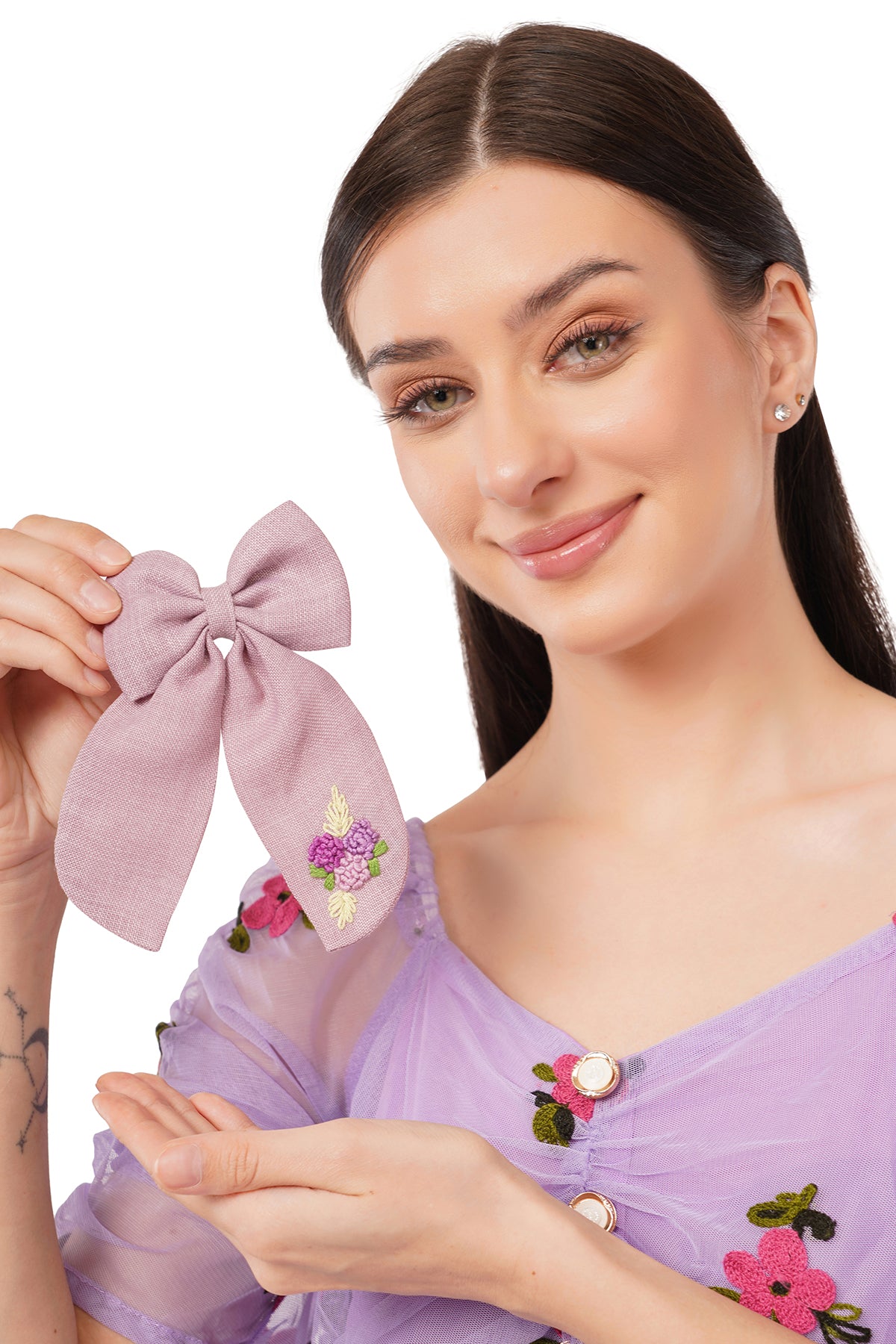 Purple Embroidered Bow Hair Clip for Girls