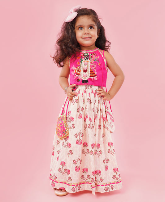 Pear Bear Goddess Embroidered Pink Top And Beautiful Tassels Embellished Lehenga With Matching Sling Bag