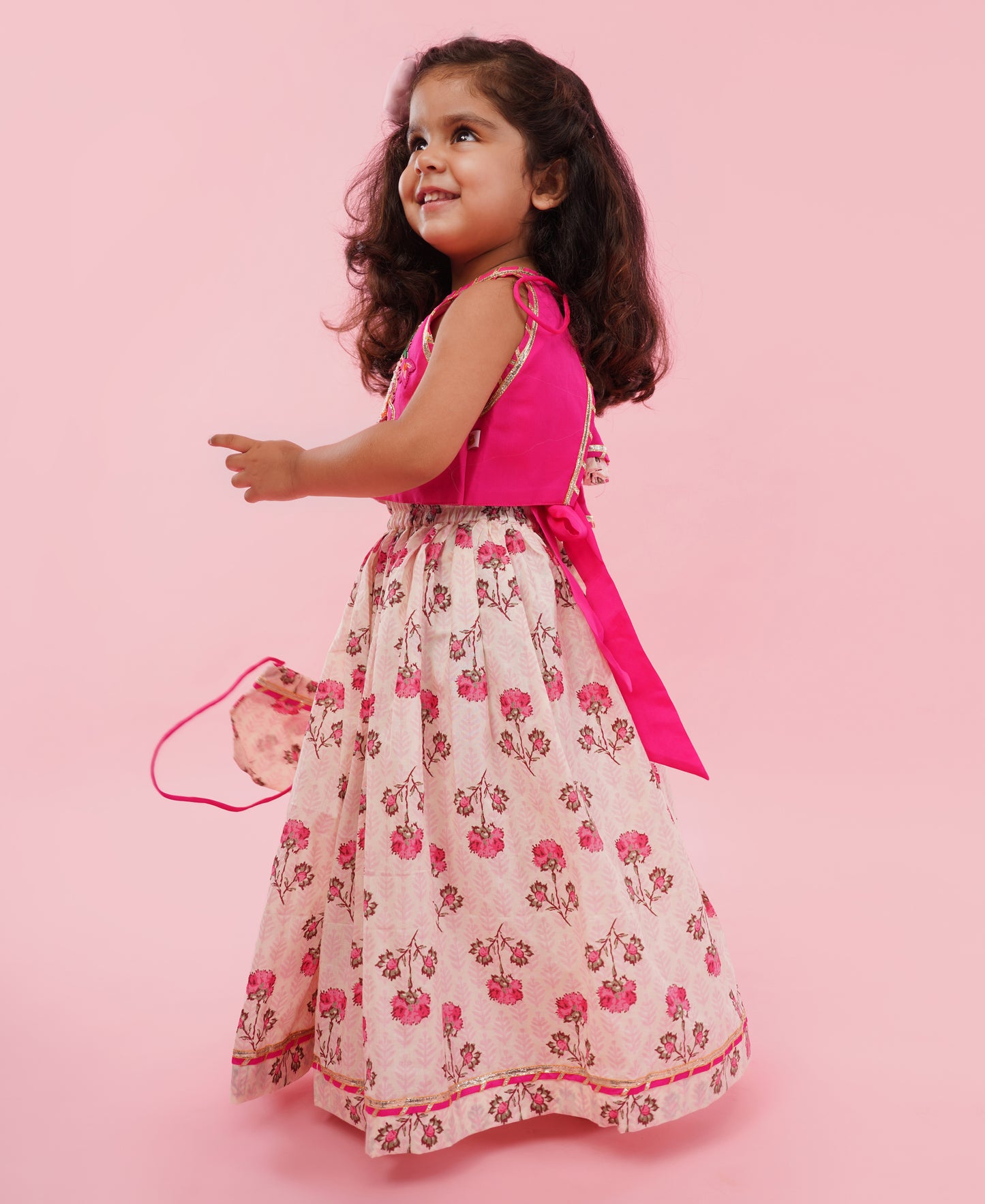 Pear Bear Goddess Embroidered Pink Top And Beautiful Tassels Embellished Lehenga With Matching Sling Bag