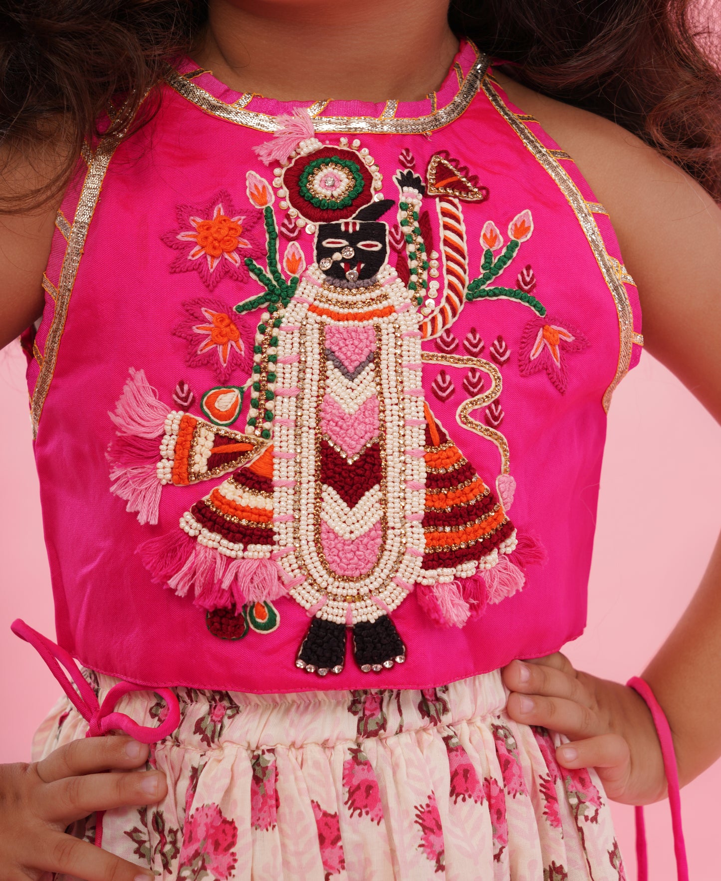 Pear Bear Goddess Embroidered Pink Top And Beautiful Tassels Embellished Lehenga With Matching Sling Bag