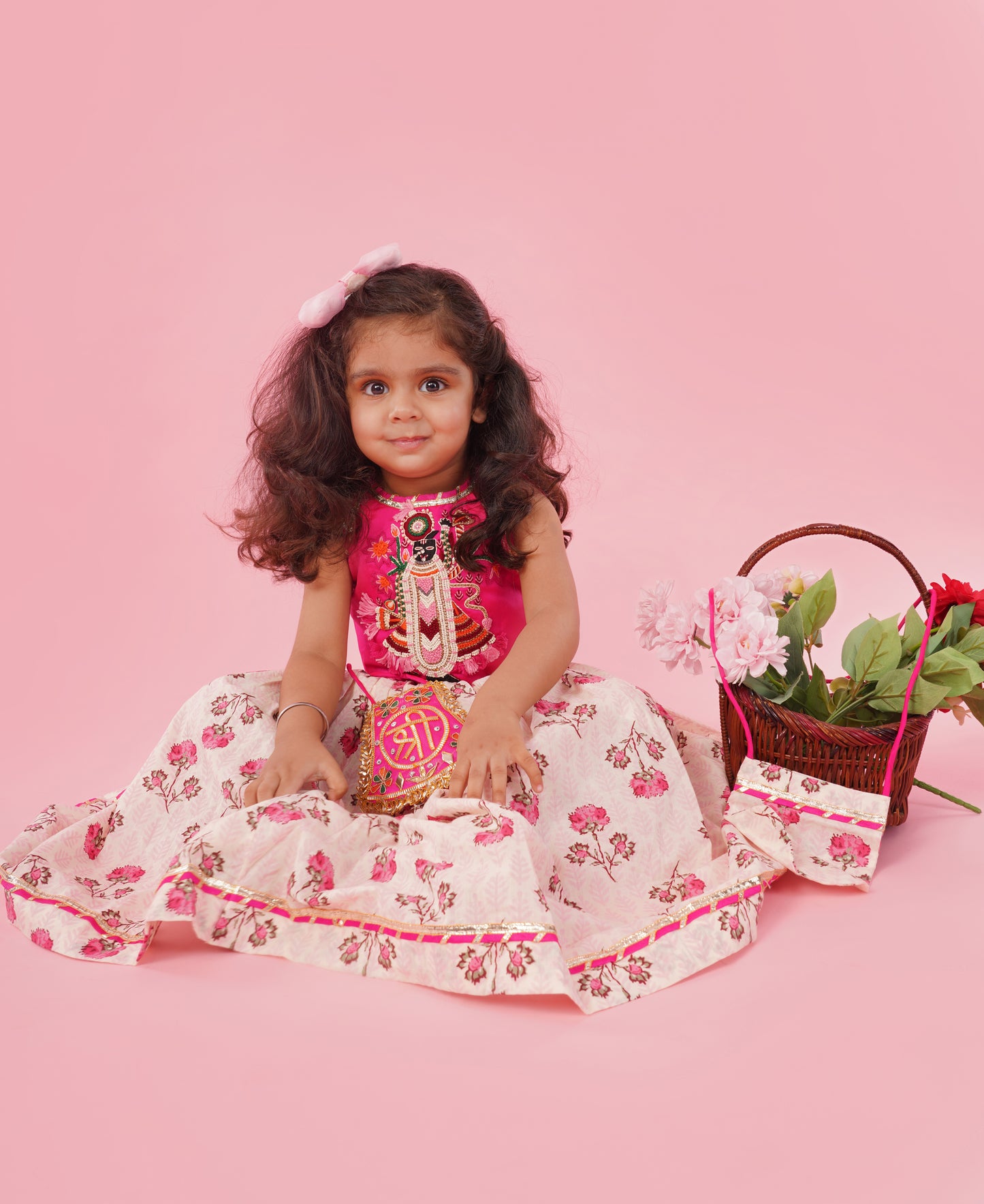 Pear Bear Goddess Embroidered Pink Top And Beautiful Tassels Embellished Lehenga With Matching Sling Bag
