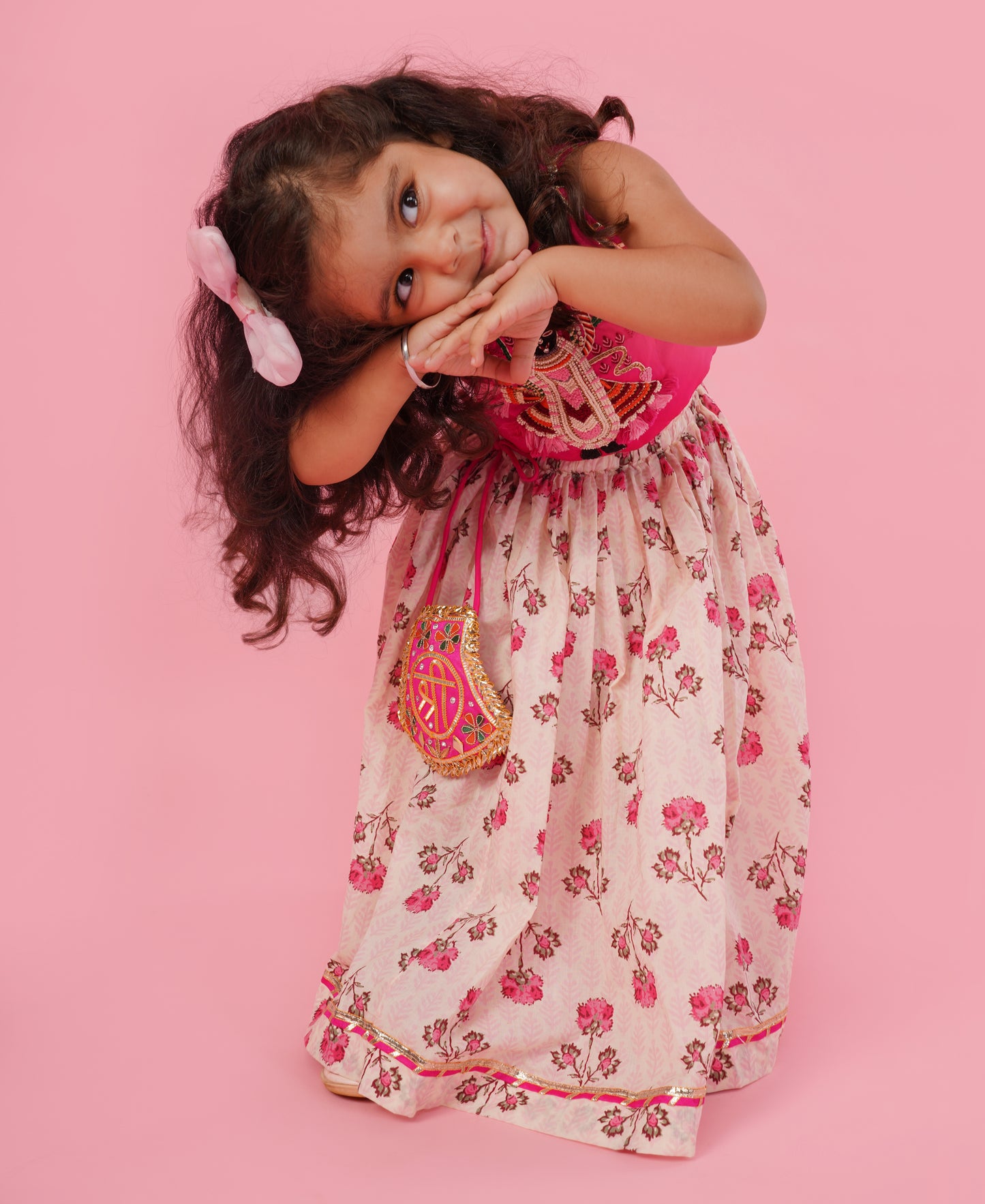 Pear Bear Goddess Embroidered Pink Top And Beautiful Tassels Embellished Lehenga With Matching Sling Bag