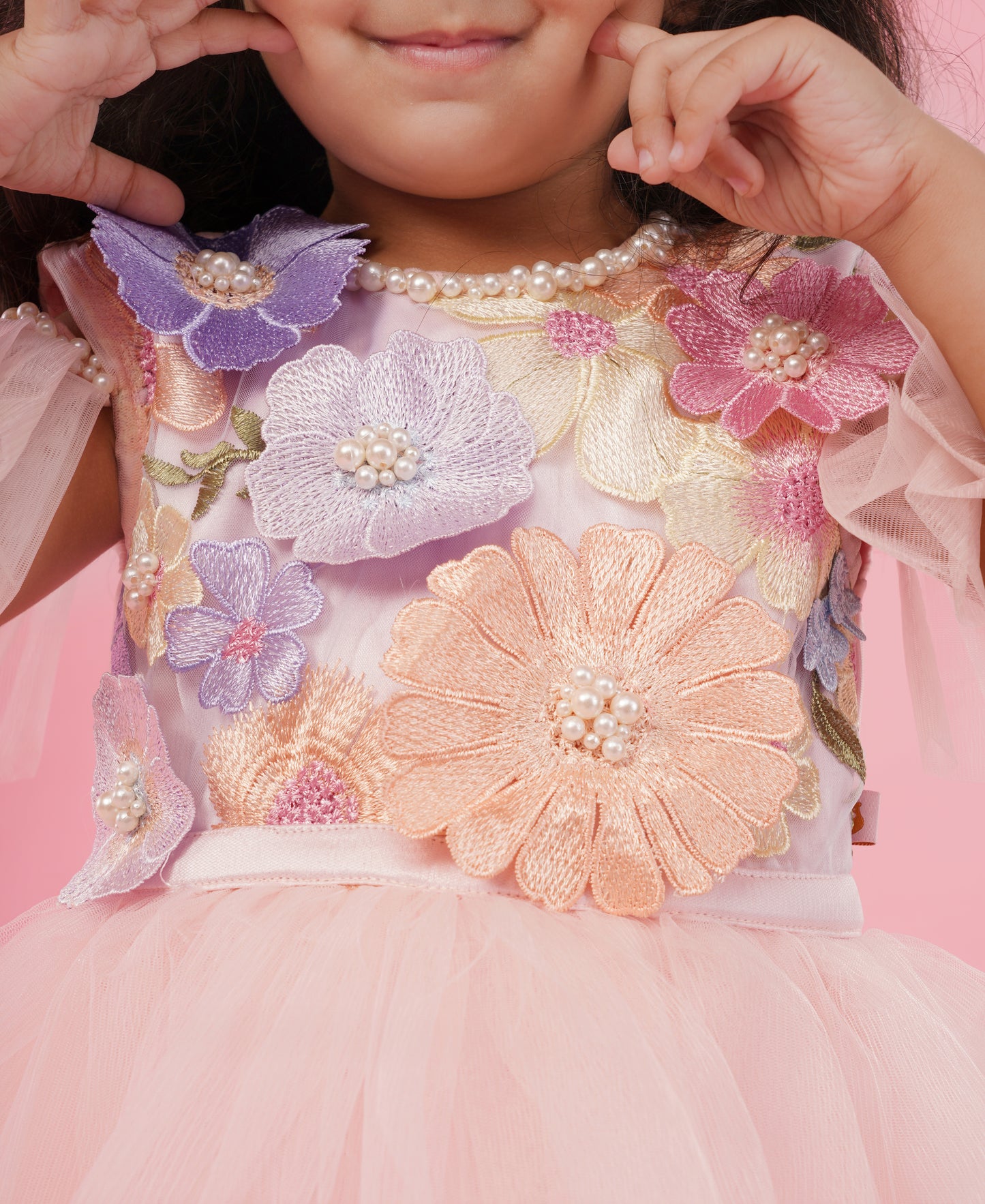 Pear Bear Peach 3D Flower Embellished Detachable Trail Dress With Bow