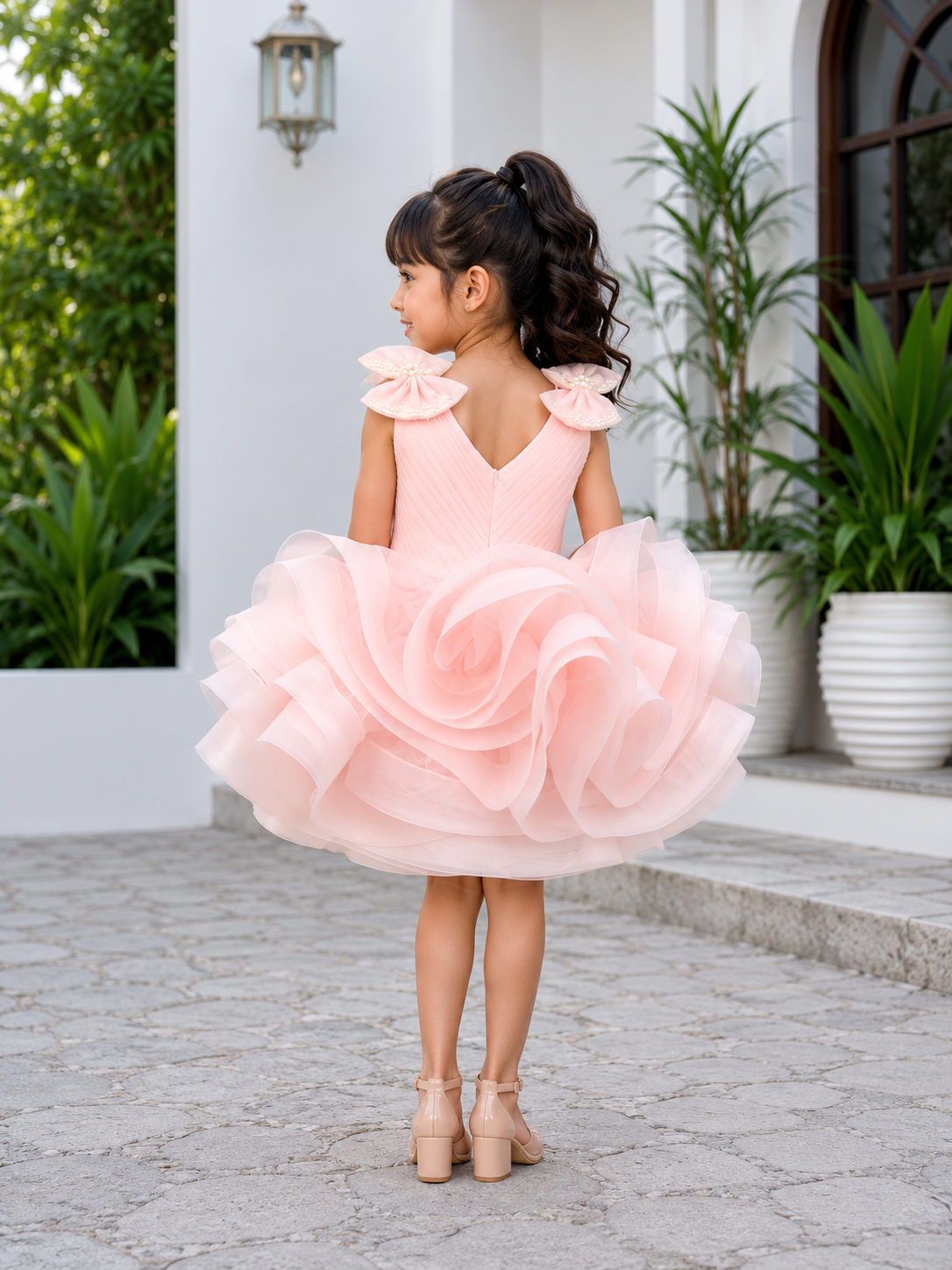 Blush Pink Pearl Bow Couture Party Dress for Girls | Designer Layered Ruffle Dress