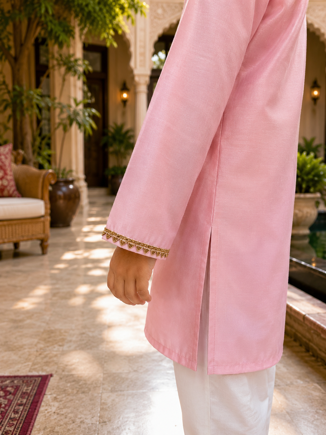 Pear Bear Boys Pink Chanderi Kurta Pajama Set with Designer Patch Pocket