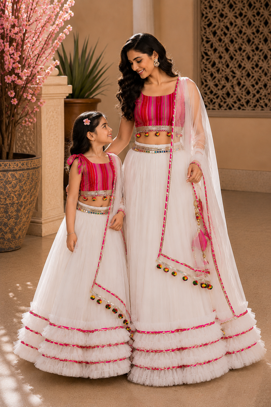 Woman wearing white layered festive lehenga set with multicolor striped blouse and handcrafted tassel detailing by Pear Bear